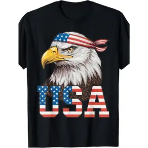 Men'S Patriotic American Flag and Bald Eagle T-Shirt - Black Short Sleeve, American Flag Clothing, Summer Wear, Classic Crew Neck, All Season Fabric, Holiday Wear, High Quality Print, Men'S Clothing