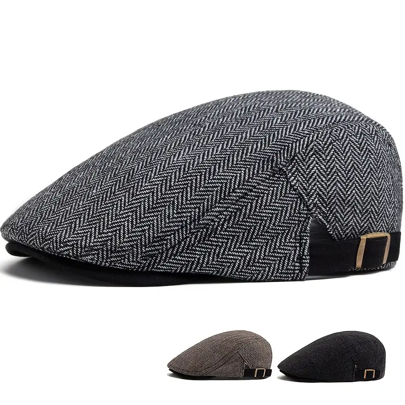 Men's Vintage Herringbone Beret - Adjustable, Warm Fashion Flat Cap for Autumn & Winter