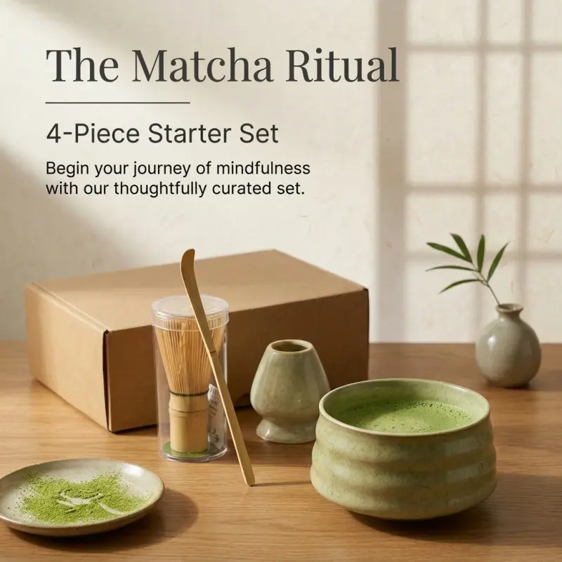 4-Piece Traditional Japanese Matcha Whisk Starter Set, Ceramic Matcha Bowl, Bamboo Chasen, Chashaku & Whisk Holder, Complete Ceremony Tea Making Kit, Japanese Tea Tools