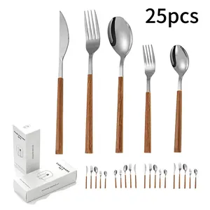 Stainless Steel Cutlery Set, 5-Piece Steak Knife Fork Spoon, Vintage Wood-Style Handle, Durable Kitchen Utensils for Home and Restaurant, Flatware Set