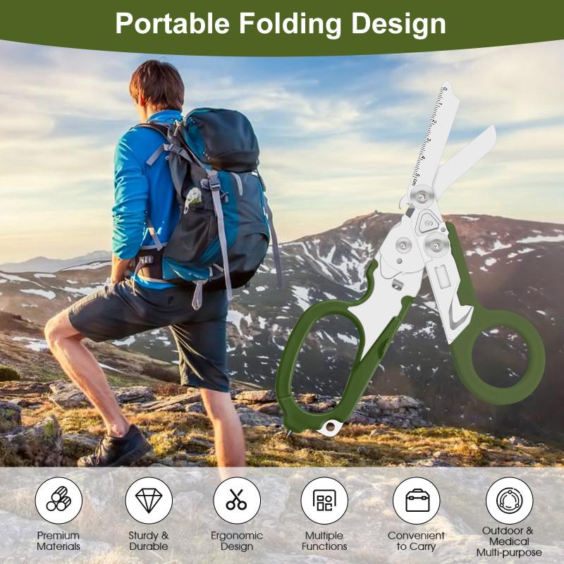 8in1 Outdoor Tactical Scissors, Upgraded EDC Multifunctional Folding Scissors, Medical Emergency Multipurpose Scissors for Outdoor Camping Hiking Home, Hand Tool, Army Green