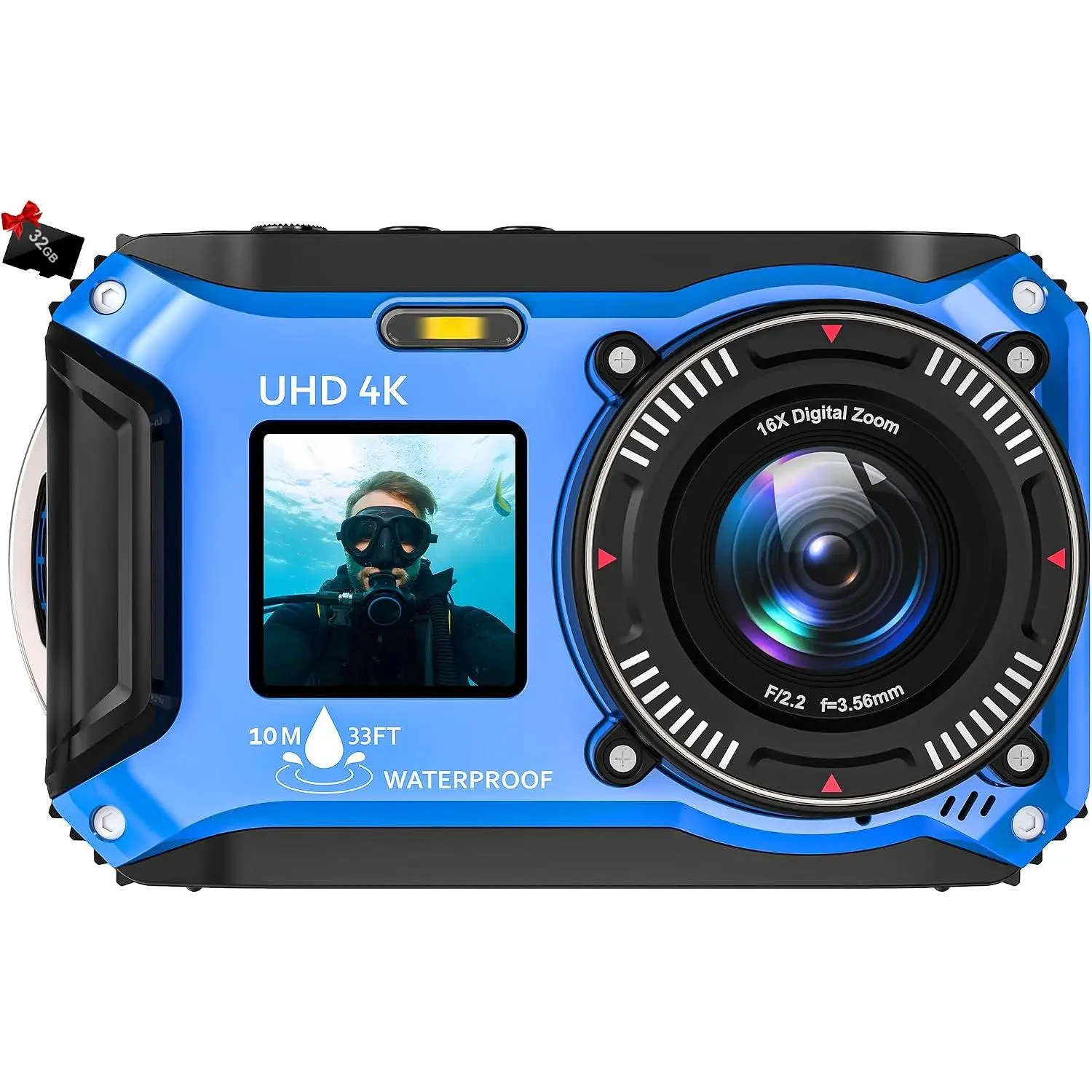 4K Underwater Camera 64MP 33FT , 32GB Card -Screen  | Suitable for Snorkeling, , UHD Autofocus Point-and-Shoot, Compact , Floatable, 1500mAh , Type-C, Blue