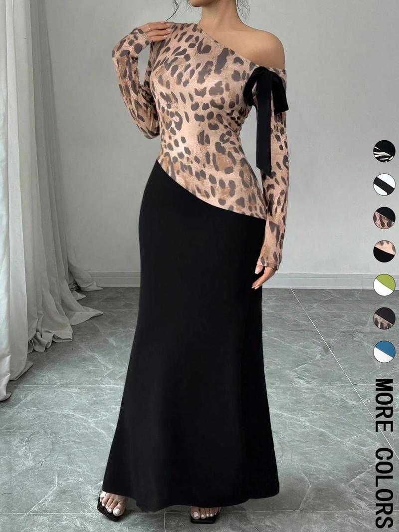 Women's Colorblock Striped Print Asymmetrical Neck Mermaid Dress, Elegant Fashion Long Sleeve Dress for Party Dating Wear, Women Dress for All Seasons, Formal Bodycon Dress