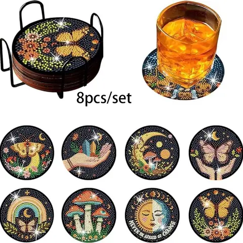 8 pieces/set of diamond art painting coasters with brackets, Coasters with Holder, DIY beautiful patterned diamond art coasters, suitable for both adults and beginners as diamond painting sets, diamond set craft supplies, exquisite gifts for friends