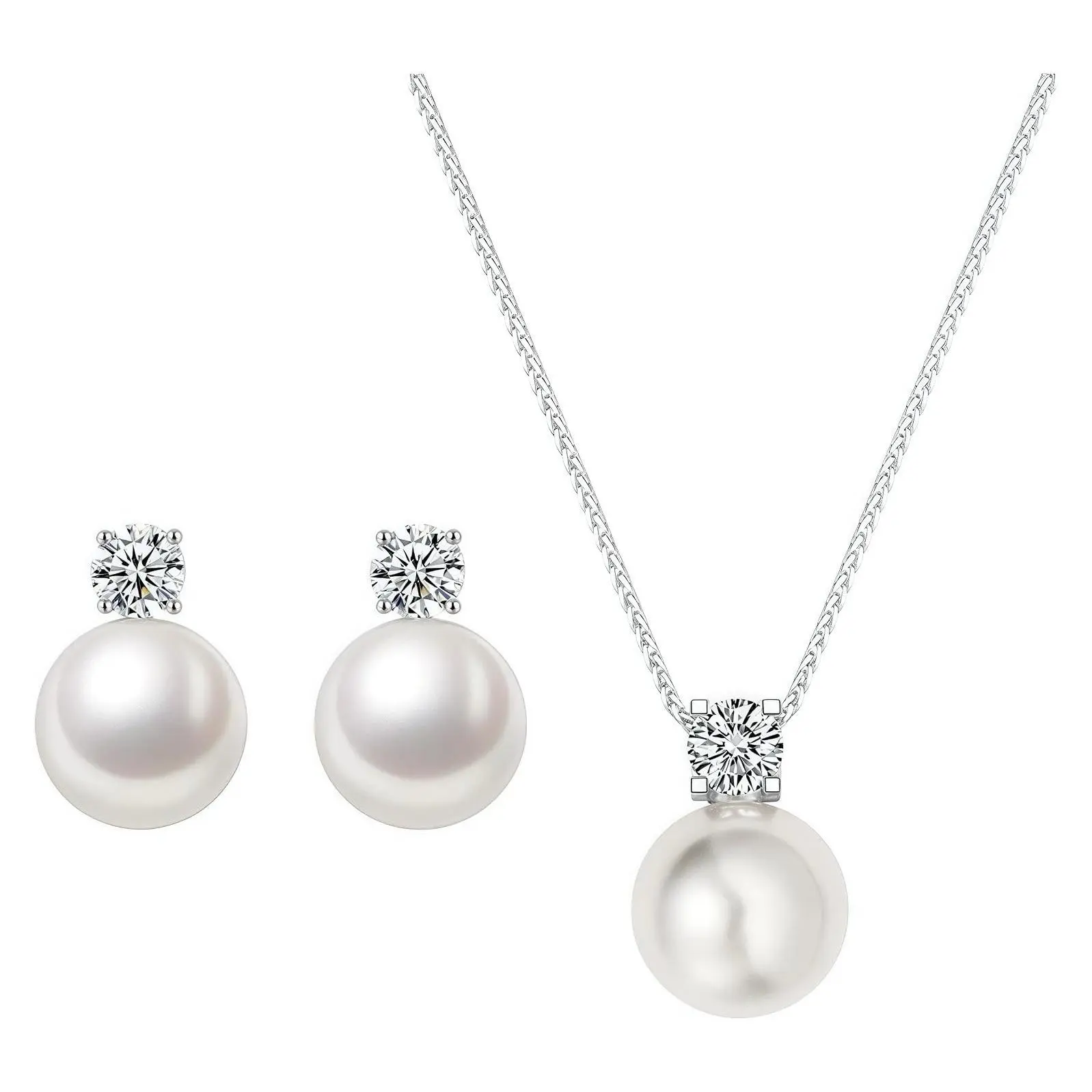 Silver Pearl Stud Earrings Necklace Set for Women Minimalist Hypoallergenic Wedding Jewelry TrendyGift