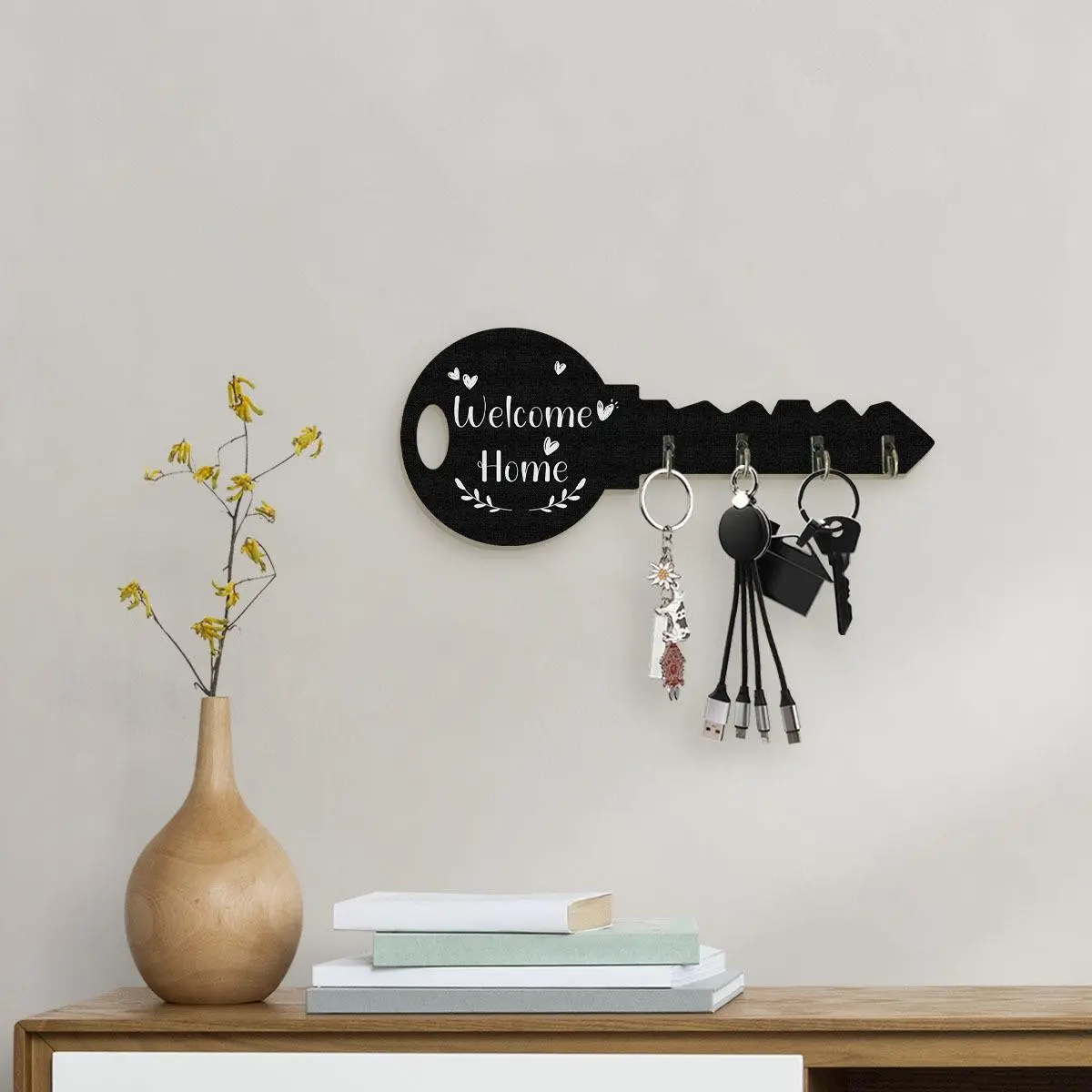 1 Pc Boho Rustic Wooden Key Holder with Shelf & Hooks – Wall-Mounted Entryway Organizer for Keys, Coats, Hats, Bags & Small Items. Space-Saving Storage Rack for Home, Kitchen, Office, Bedroom & Farmhouse Décor, Easy to Install
