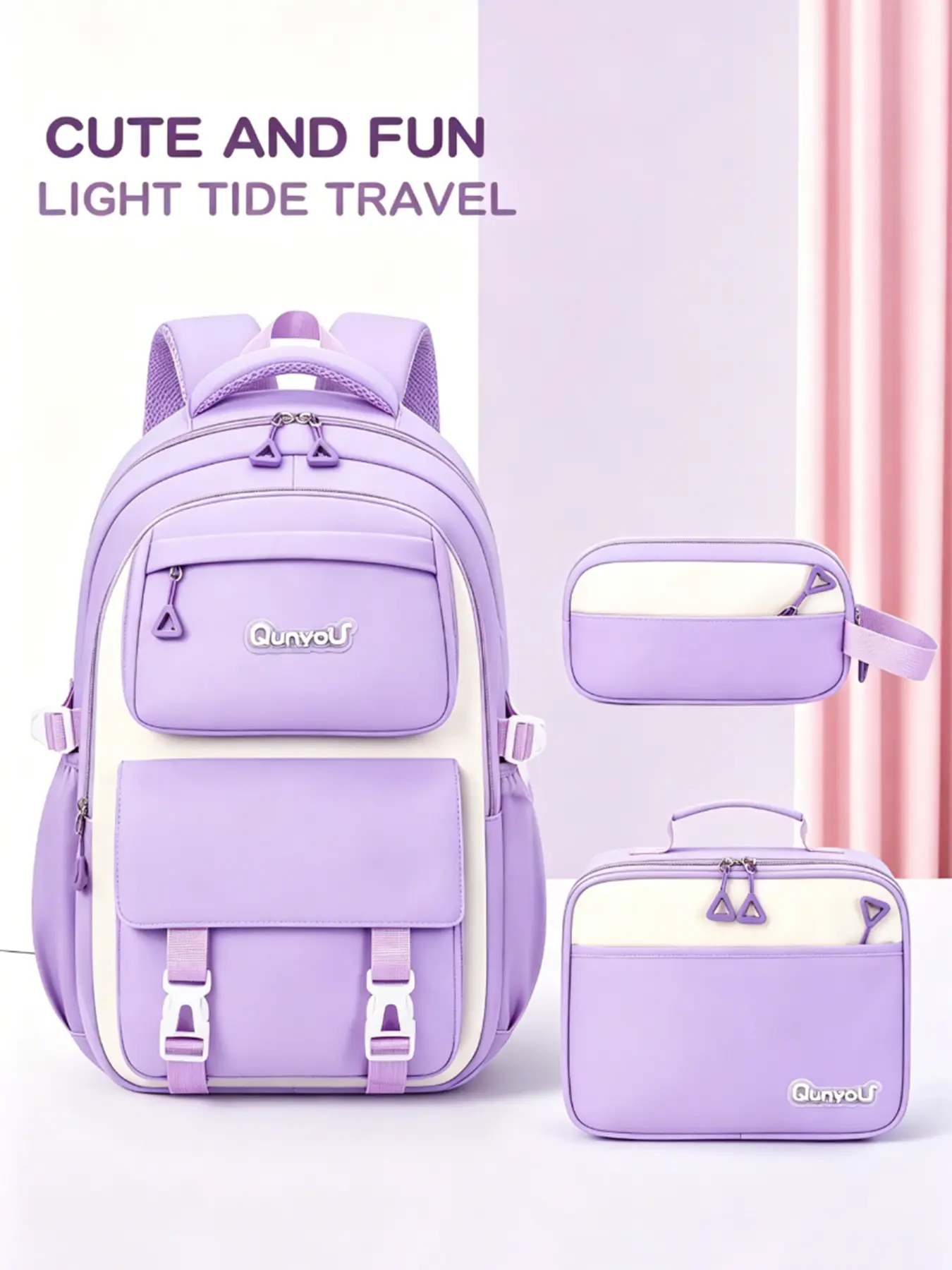 3-Piece Backpack Set Lavender Purple Aesthetic Preppy Style, with Lunch Bag, Pencil Case, Smooth Zippers, Front Utility Buckle Pocket, Ergonomic Padded Straps, for Teens, Young Adults Daily Commuting, Travel & Leisure, Colorblock Bag
