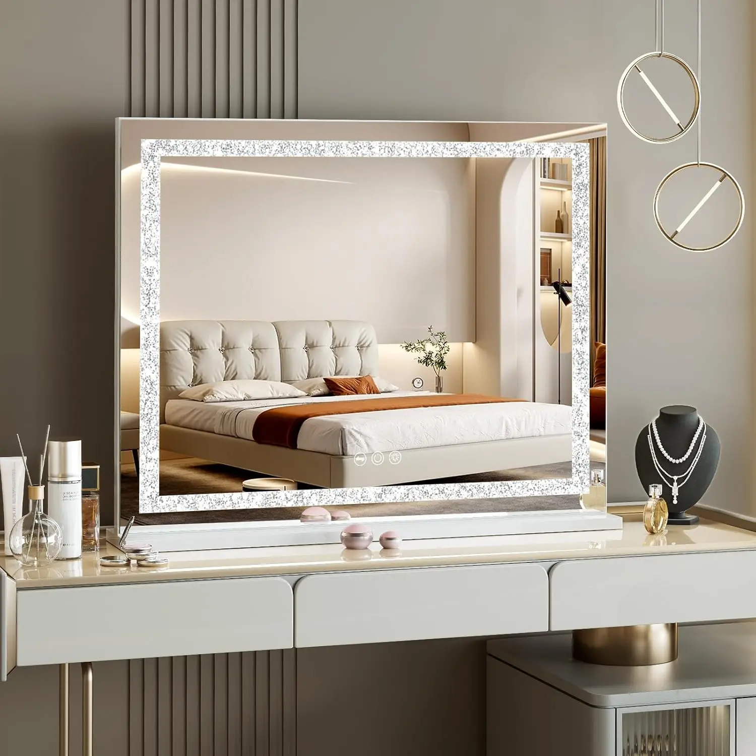 Nokaa 31.5" x 22.8" Hollywood Vanity Mirror with Lights, Crystal Light Strip, Smart Touch Control, 3 Color Dimmable LED Makeup Mirror, 10X Magnification, White Illuminated Cosmetic Mirror for Bedroom Bathroom Dressing Room Countertop