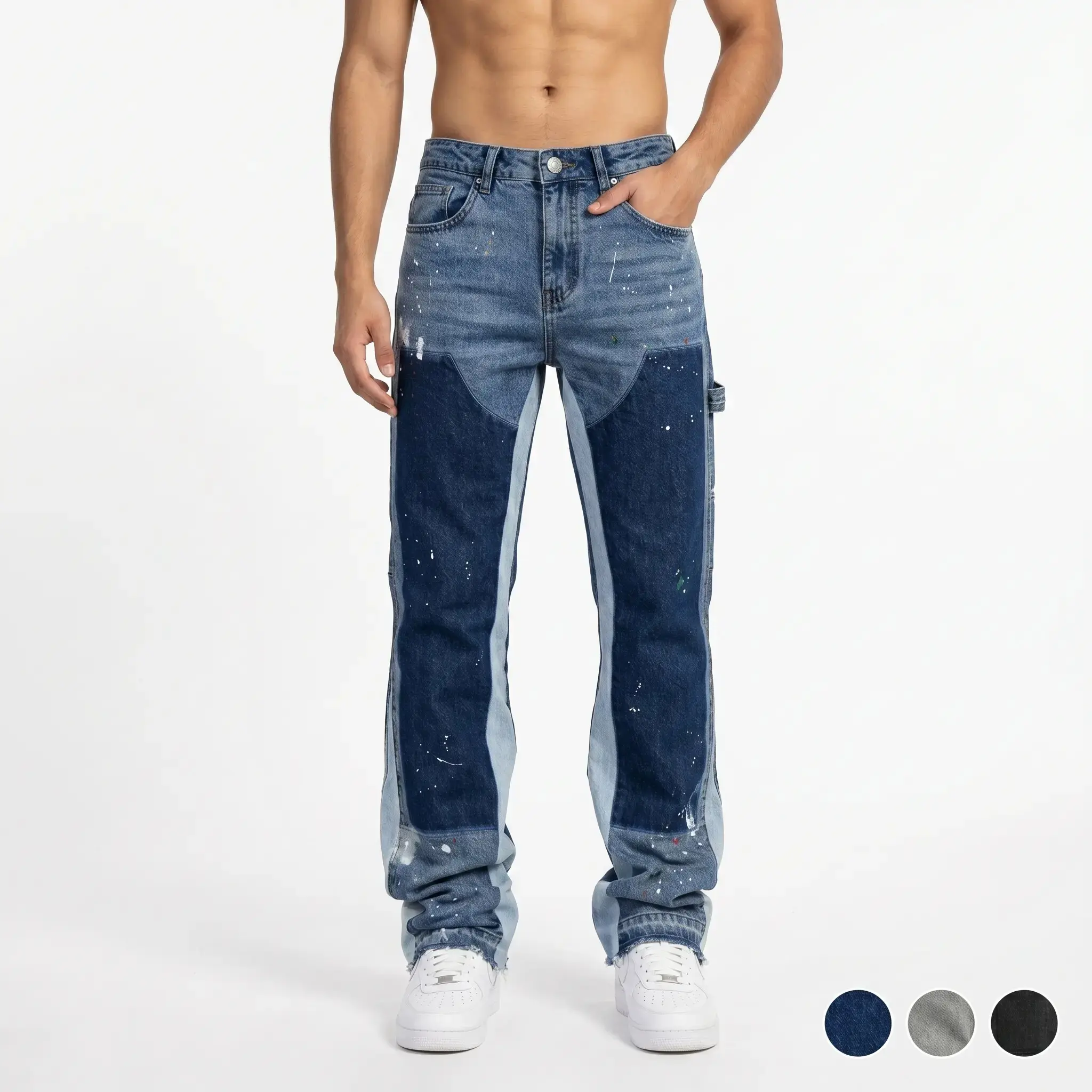 Men's Viral 2026 Trend Flare Denim Jeans Patchwork Paint Splatter Flare Denim Jeans Carpenter Pocket Raw Hem High Street Skate Pants Carpenter Flare Denim Jeans Raw Hem Loose Fit Stretch High Street Skate Pants for Men Streetwear Casual tiktokshopspr