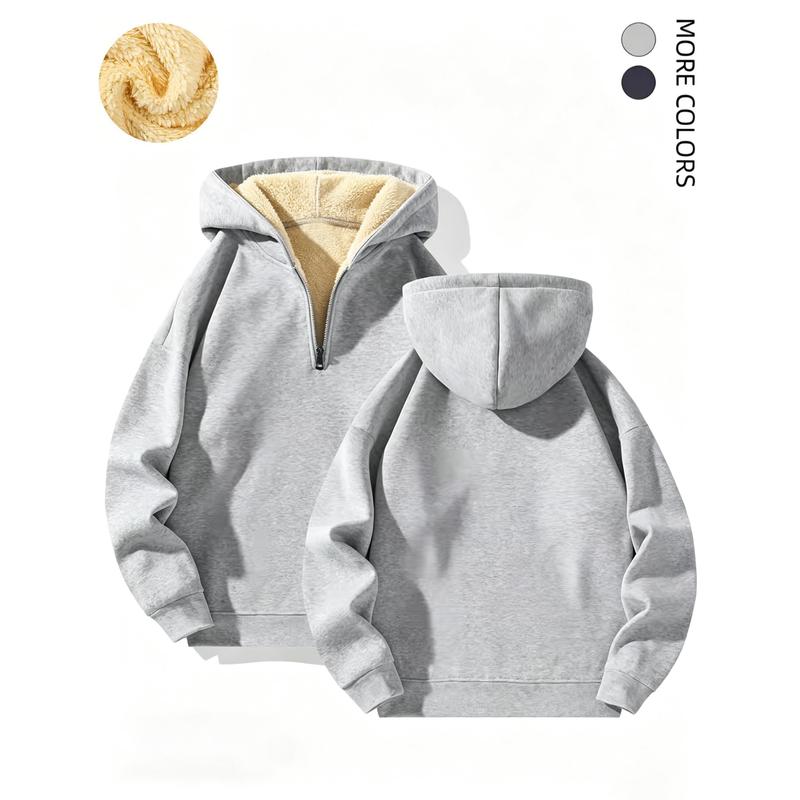 Warm sherpa-lined quarter zip hoodie featuring adjustable hood and smooth outer knit textile, roomy drop shoulder comfy loose fit windproof functional piece for daily cold weather urban mensfashion outfits