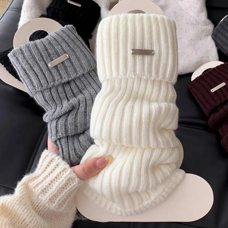2Pairs Autumn Winter Leg Warmers Japanese Metal Label Socks Female Knitted Warm Foot Cover White Black Y2K Stockings Leg Warmers