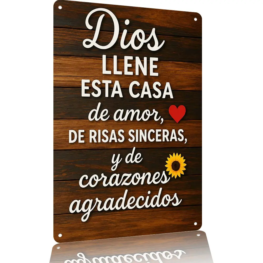 Dios Llene Esta Casa 12x8 Inch Spanish Inspirational Aluminum Metal Sign, Vintage Wood Style Religious Family Blessing Wall Plaque, Farmhouse Home Living Room Bedroom Decor Gift