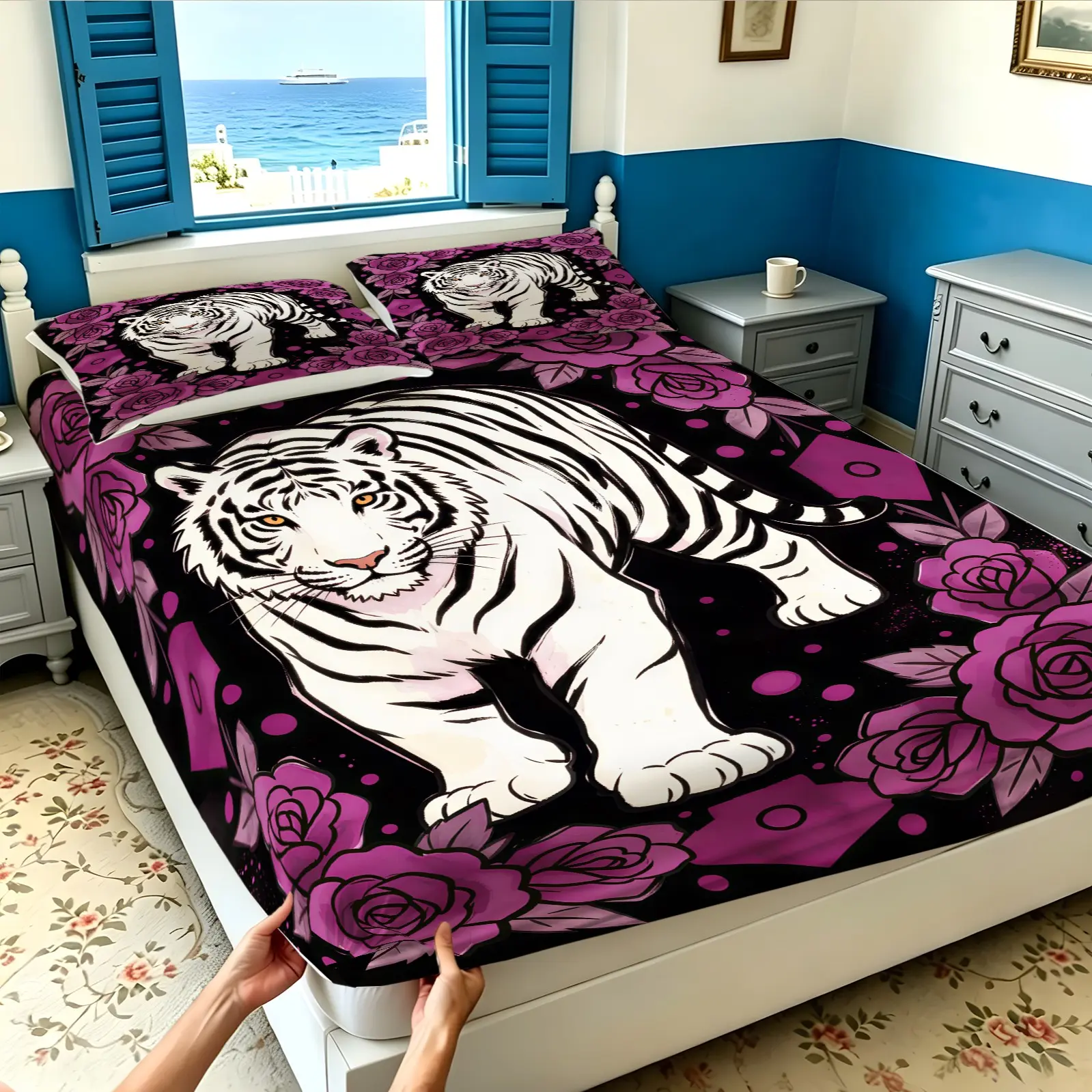 3PCS Hand Drawn White Bengal Tiger Fitted Sheet Set, Stretch Wrap Mattress Cover, Wrinkle Resistant Machine Washable, Home Hotel Bedding Gift