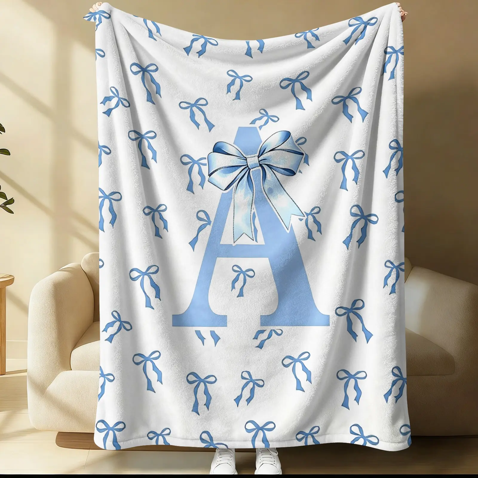 Kids Cartoon Bow Flannel Blanket, Cute Ribbon Bow Throw Blanket, Blue Monogrammed A-Z Warm Blanket for Teen Girls, Dreamy Bow Knot Letter Decor Gift Blanket, Cozy Flannel Blanket for Couch Bed Sofa, Flannel Throw Blankets
