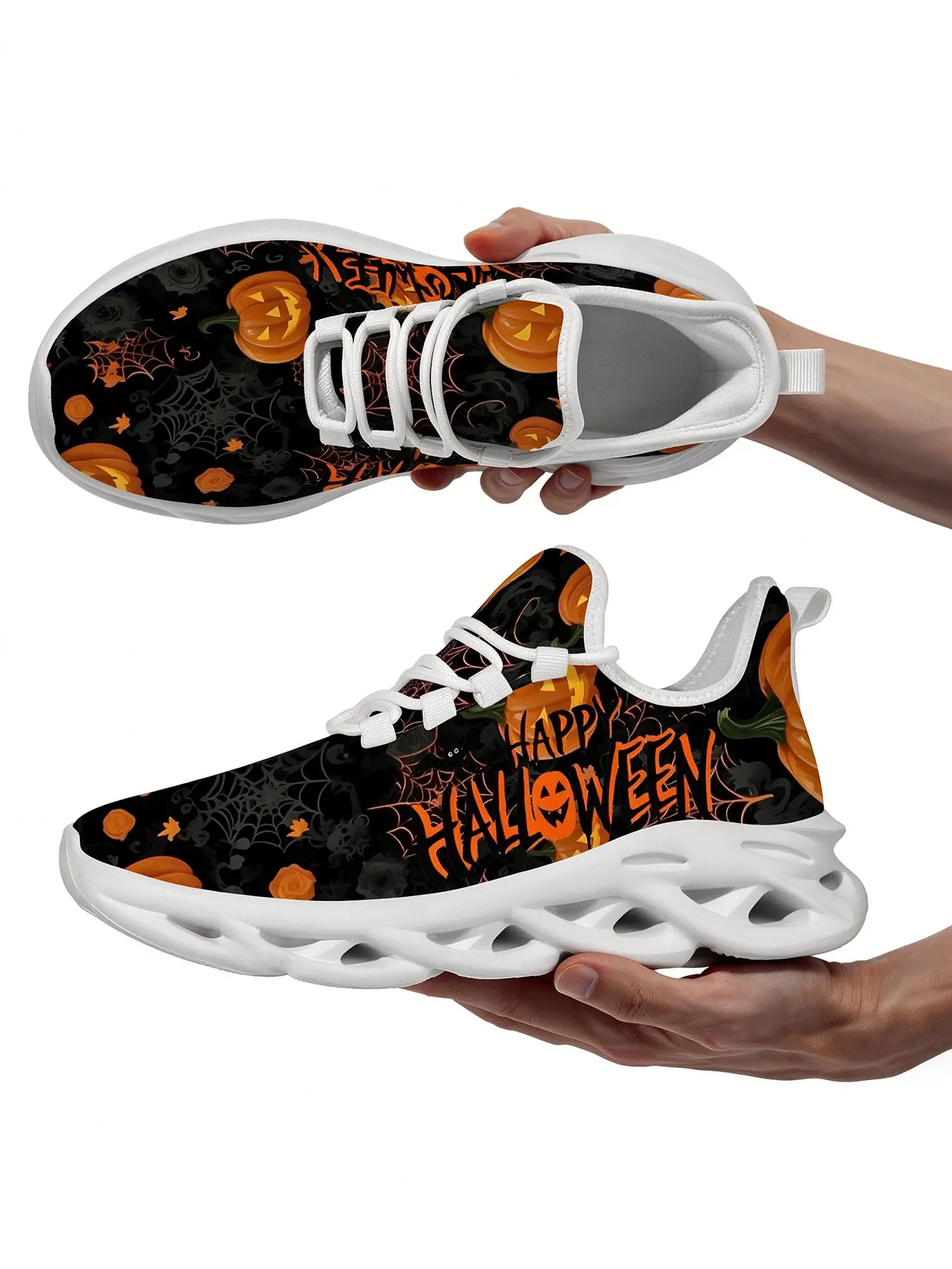 Spooky Halloween Jack-O-Lantern Cobweb Graphic Athletic Sneakers Soft Cushion Hollow Cutout Wave Sole Breathable Fashion Festival Trainers For Autumn Trick Or Treat Daily Streetwear Matching Outfit Footwear
