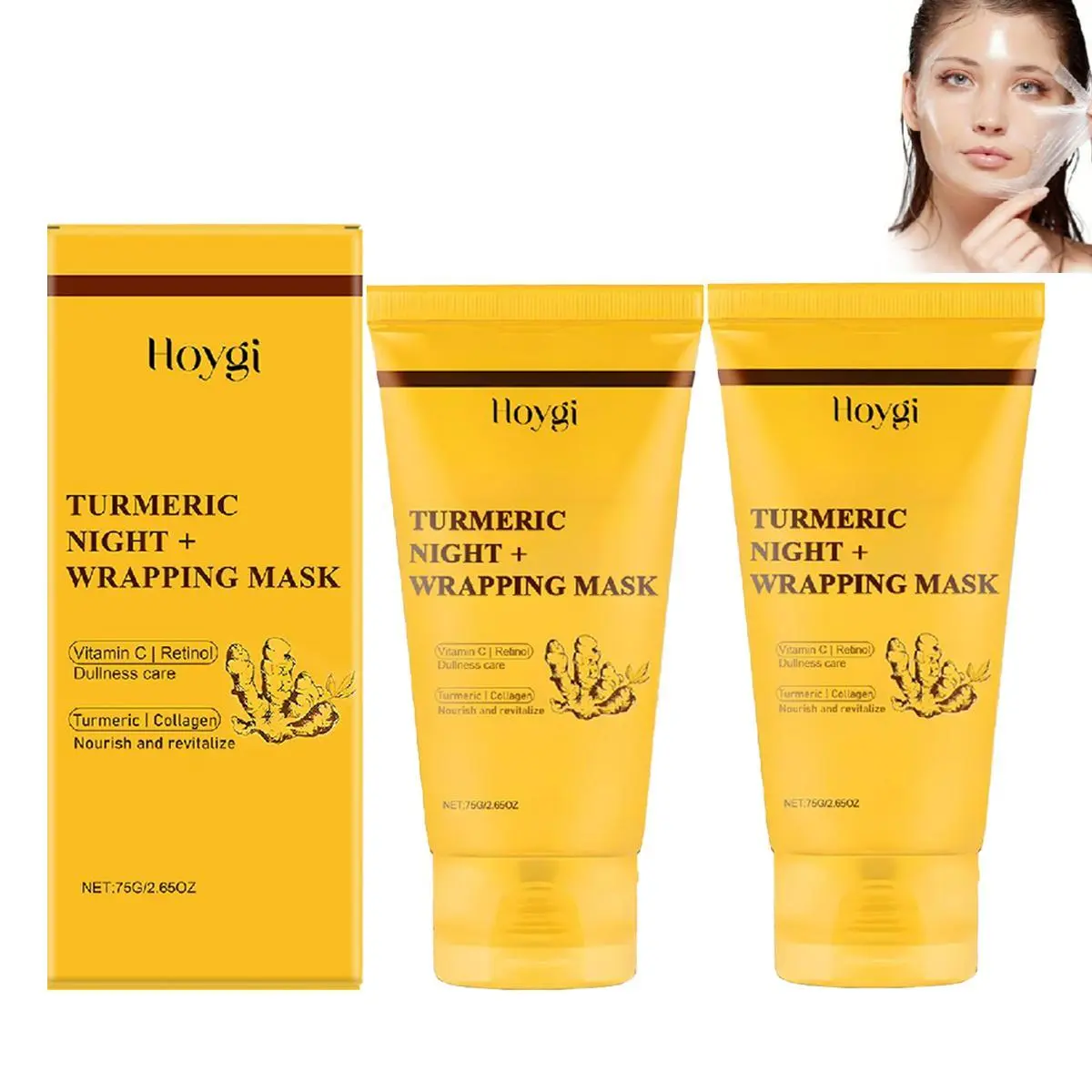 2PCS Turmeric Collagen Night Wrapping Mask, Overnight Wrapping Mask, Peel Off Facial Mask for Brightening Skin Reduces Dullness Deep Cleansing Face Peel Mask