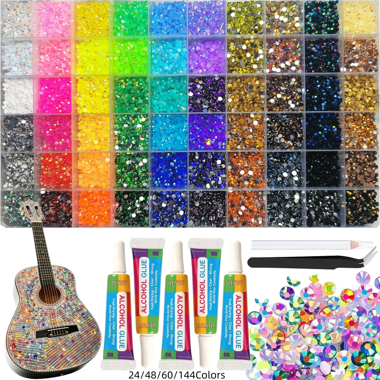 24/48/60/144-Color Resin Rhinestones, Elegant Rhinestone, for Crafting with Tweezers, Assorted 3mm Non-Hotfix Flatback Gems, Glitter, Sparkling Crystals for Clothing, Tumblers, Mugs, Shoes, Fabric Decor, Art Creation Supplies.