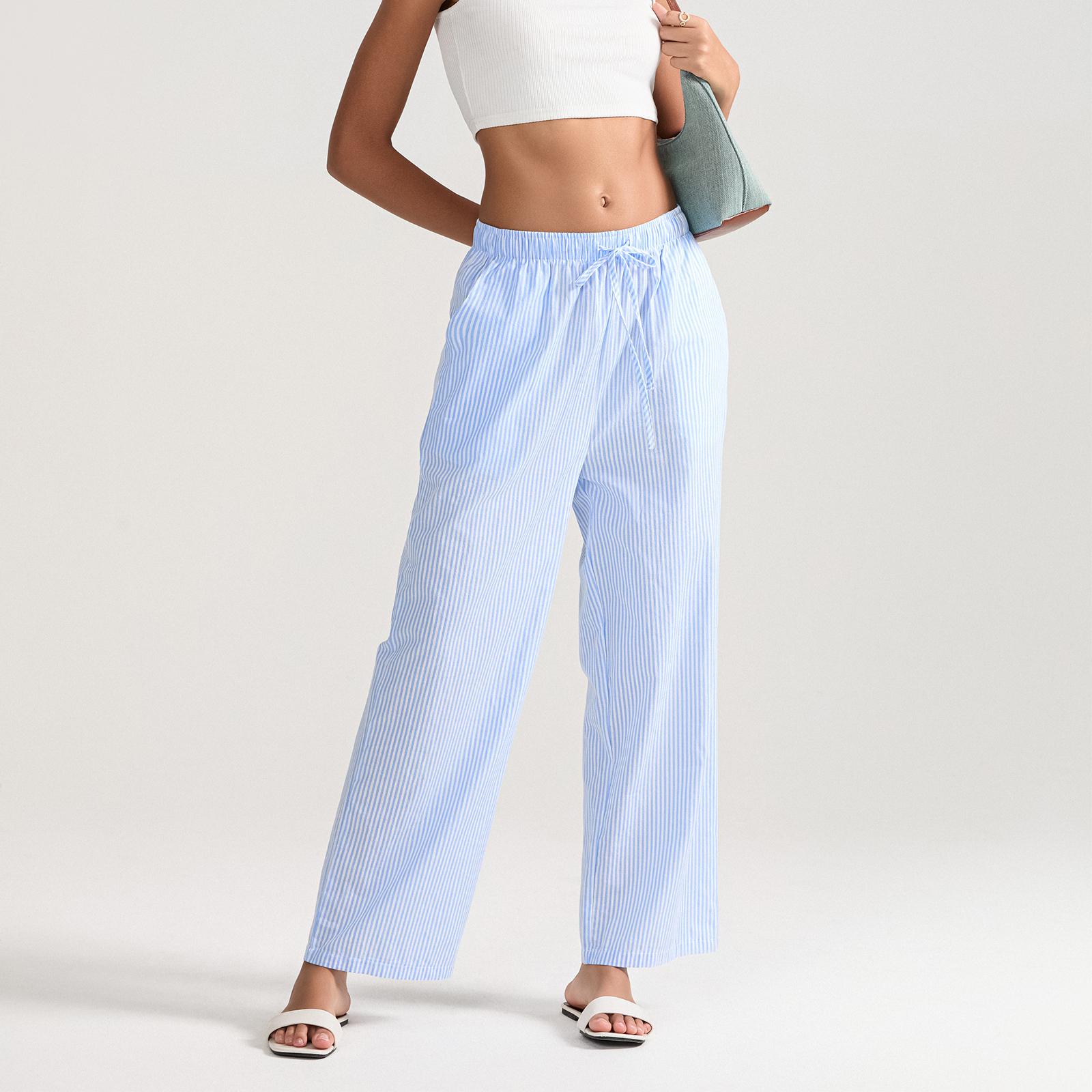 Ladies Female Women's Casual Stripe Print Pants, Drawstring Elastic Waist Loose Straight Long Pants with Pockets Womenswear Trousers Streetwear