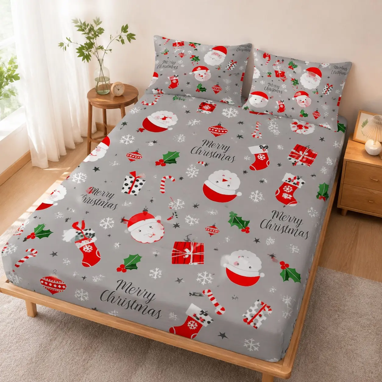 Cartoon Santa Claus Reindeer Bed Sheet Set, Starry Snow Scene Christmas Tree Gift, 10.6 Inch Deep Pocket Mattress Protector