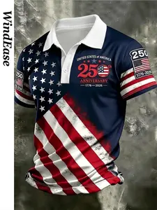 2026 New Men's Usa 250th Anniversary Flag Print Casual Polo Shirt, Loose-Fit Retro Vintage Style, Perfect for Work, Social, City Walks, Campus