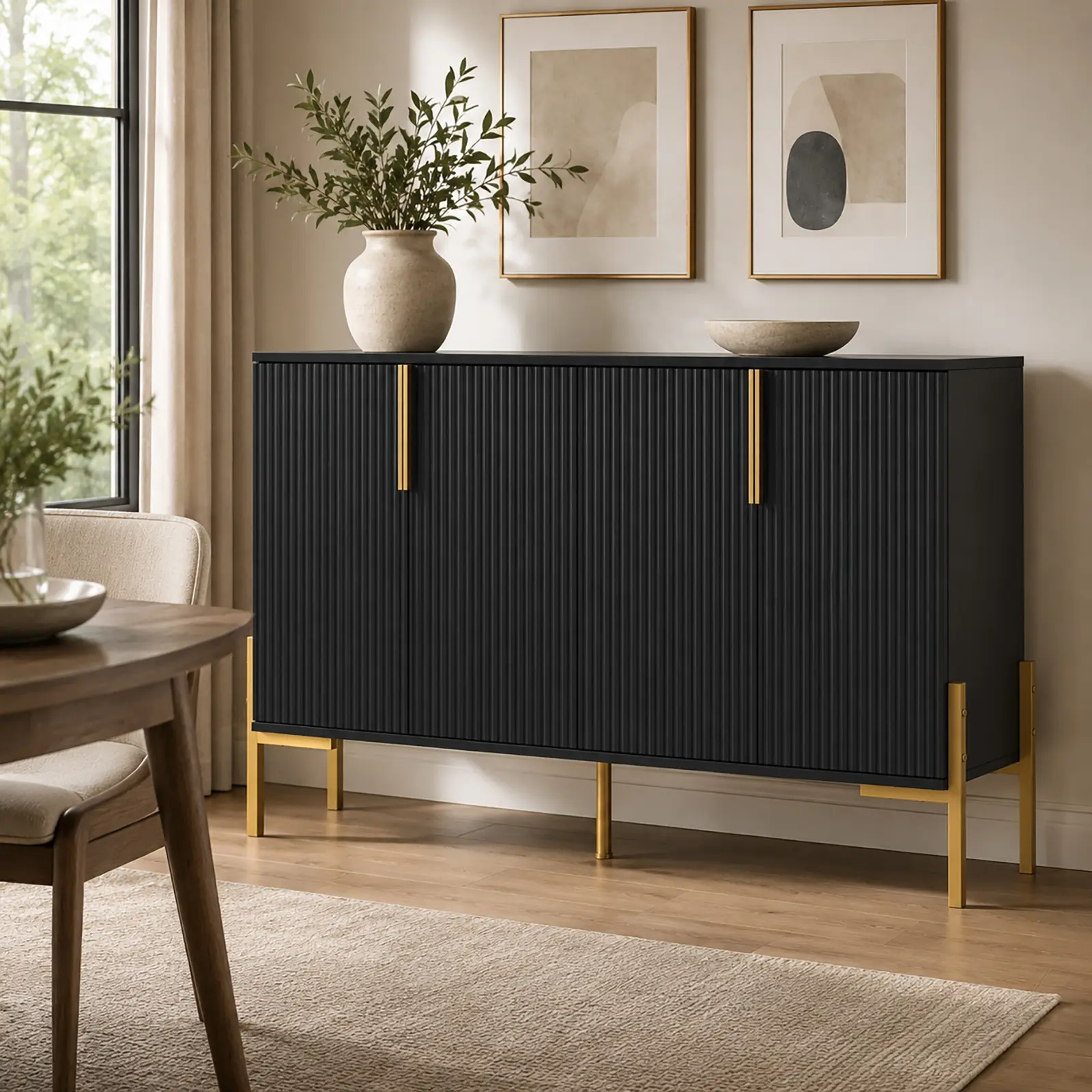 Buffet Cabinet with Storage, 4 Door Sideboard Cabinet with Adjustable Shelves, Black Storage Cabinet with Metal Legs for Dining Room, Living Room, Entryway