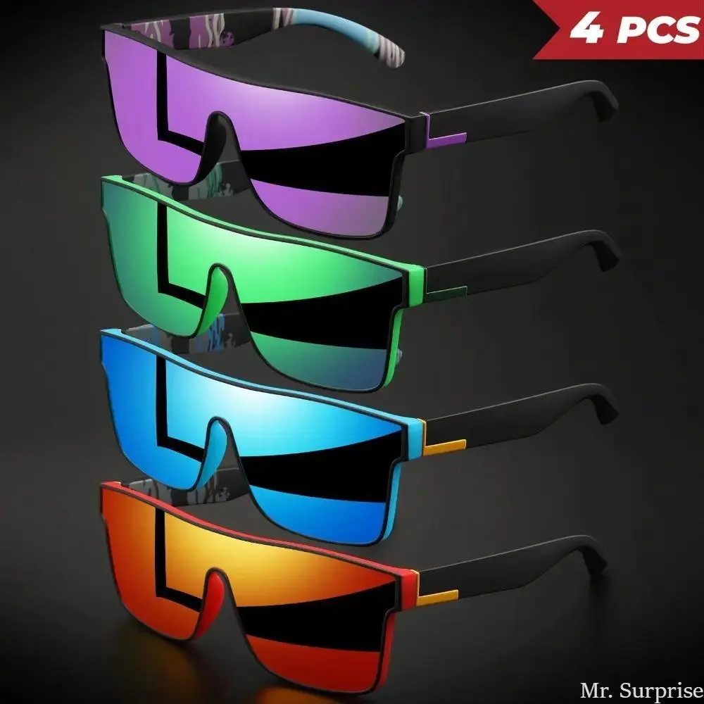 Polarized UV400 Sports Sunglasses, 4-Pack Colorful Square Unisex Eyewear, Anti-Glare One-Piece Lens for Cycling, Hiking & Daily Use