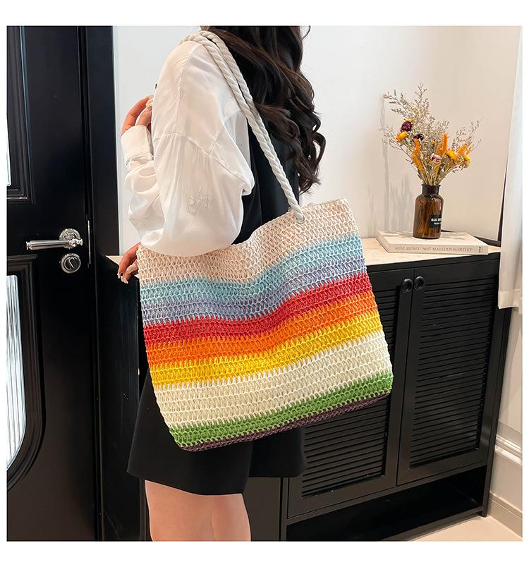 2026 New Women Fashion Shoulder Bag Rainbow Striped Color Block Straw Bag Large Capacity Beach Bag for Vacation