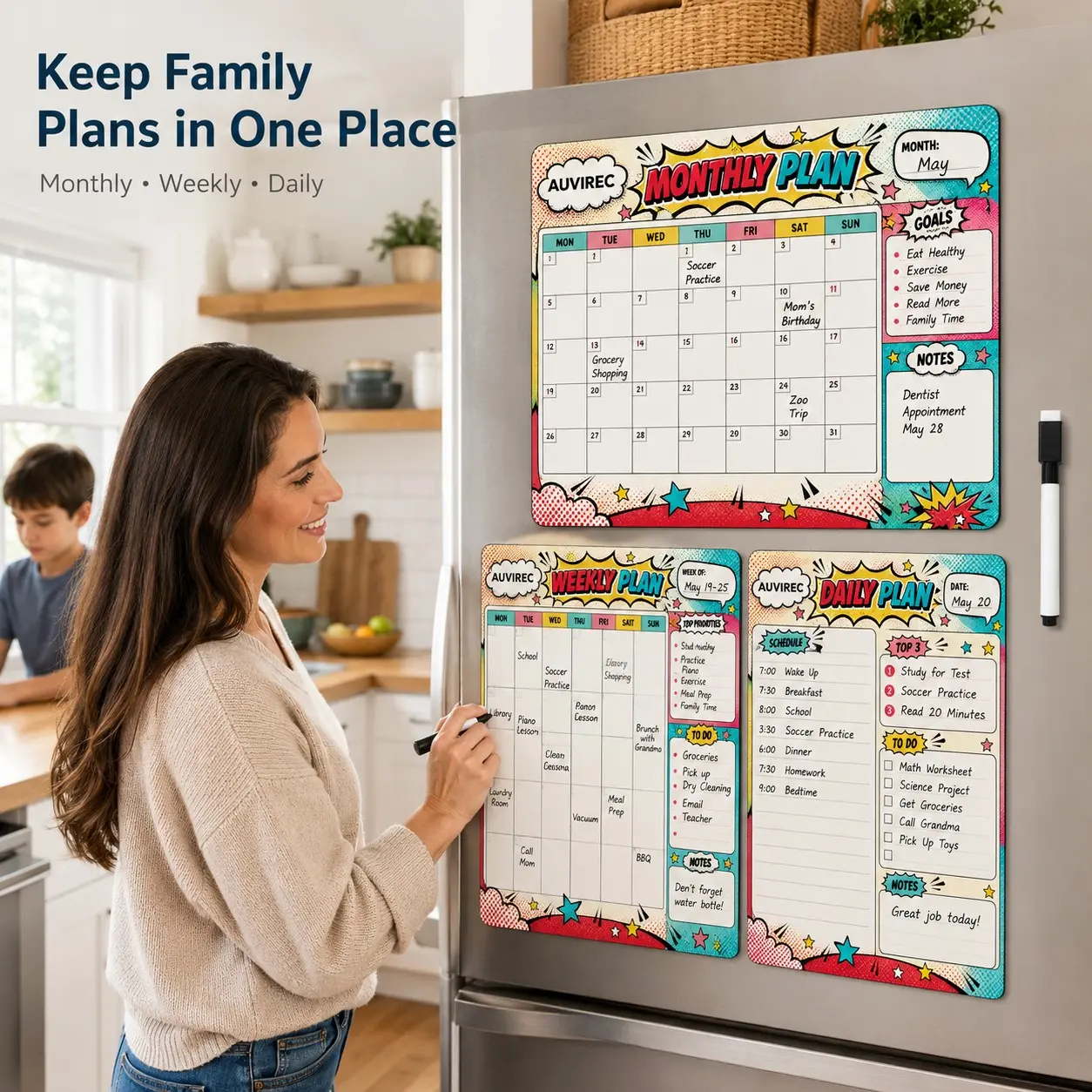 Auvirec 3-Piece Set Reusable Dry Erase Calendar Planner, Pet Material, Wall-Mountable, Includes Marker Pen, Home Schedule Management Board