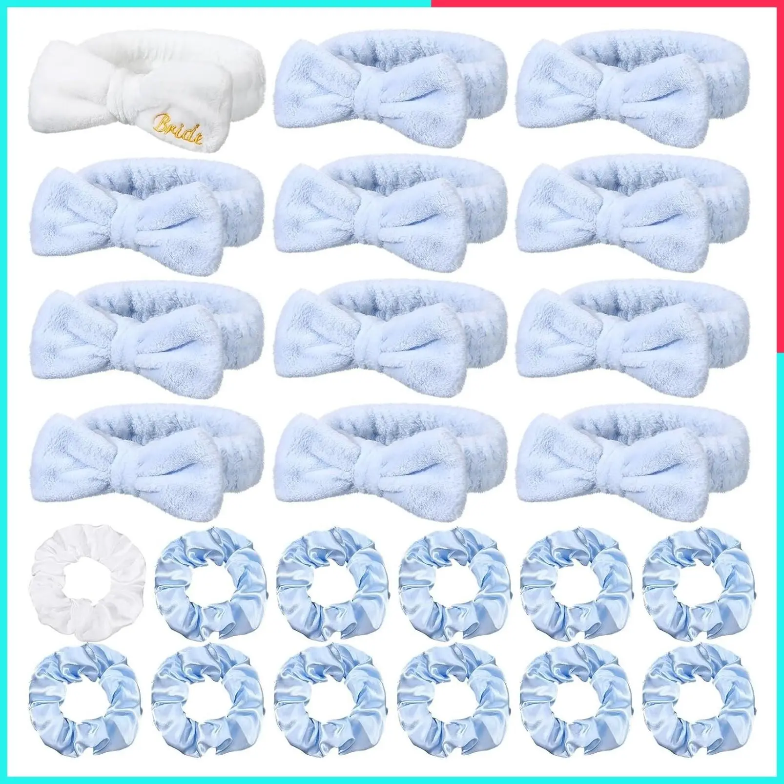 24 Pcs Bachelorette Party Spa Favors Set: 12 Bride & Bridesmaid Headbands + 12 Scrunchies for Sleepover Spa Party Accessories, Bridal Shower Supplies (White, Blue)