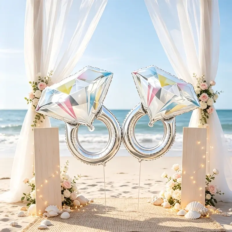 4Pcs Silver Diamond Ring Foil Balloon Decor Set, 2Pcs 26" Large Silver Diamond Balloons with Ribbons and Straws, Party Supplies for Proposal, Wedding, Engagement, Birthday, Mother's Day, Christmas, Indoor Outdoor Photography Decor