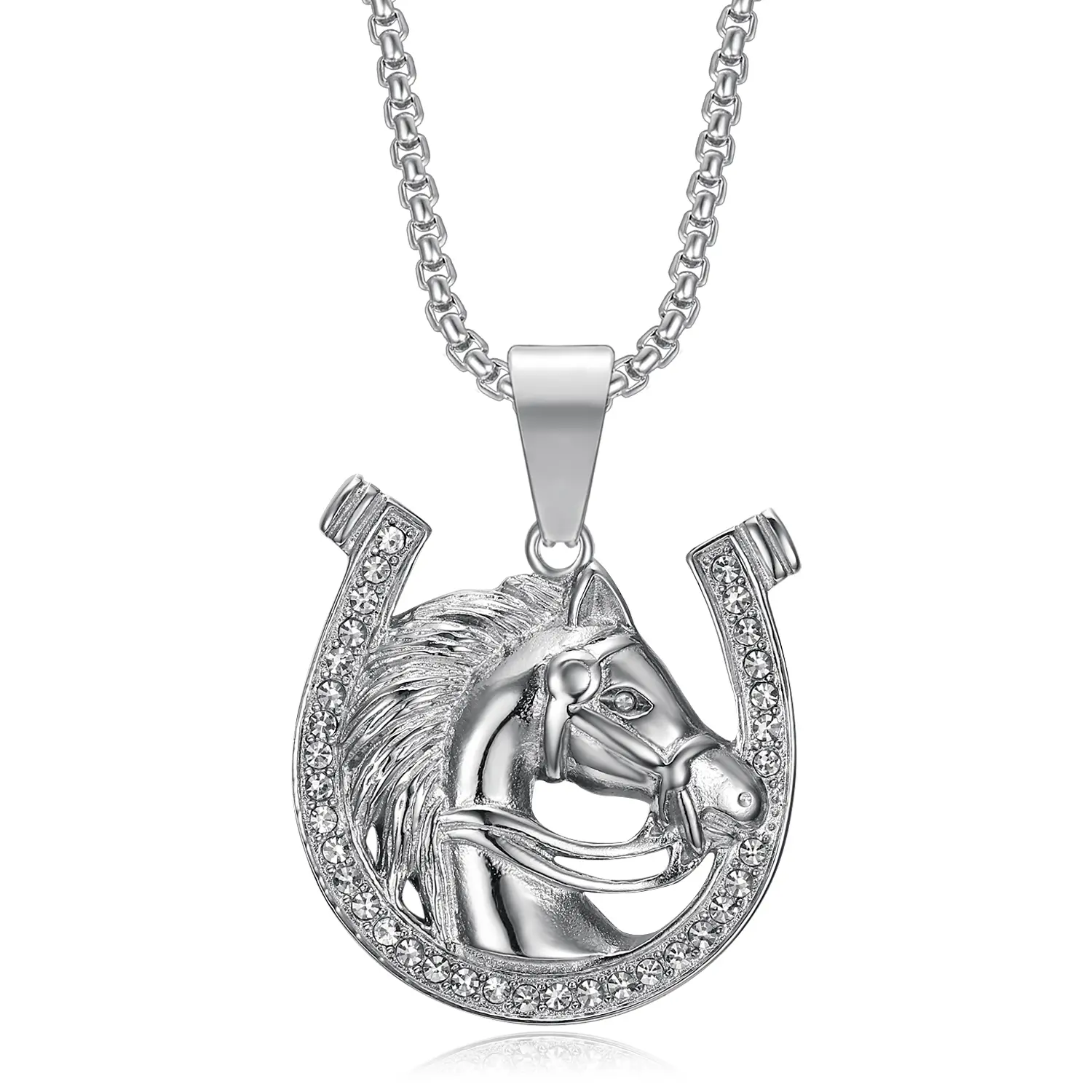 Lucky Horse Pendant Punk Rock Stainless Steel Necklace, 24 Inch Chain Hip Hop Horseshoe Party Jewelry Animal Gift for Men Women