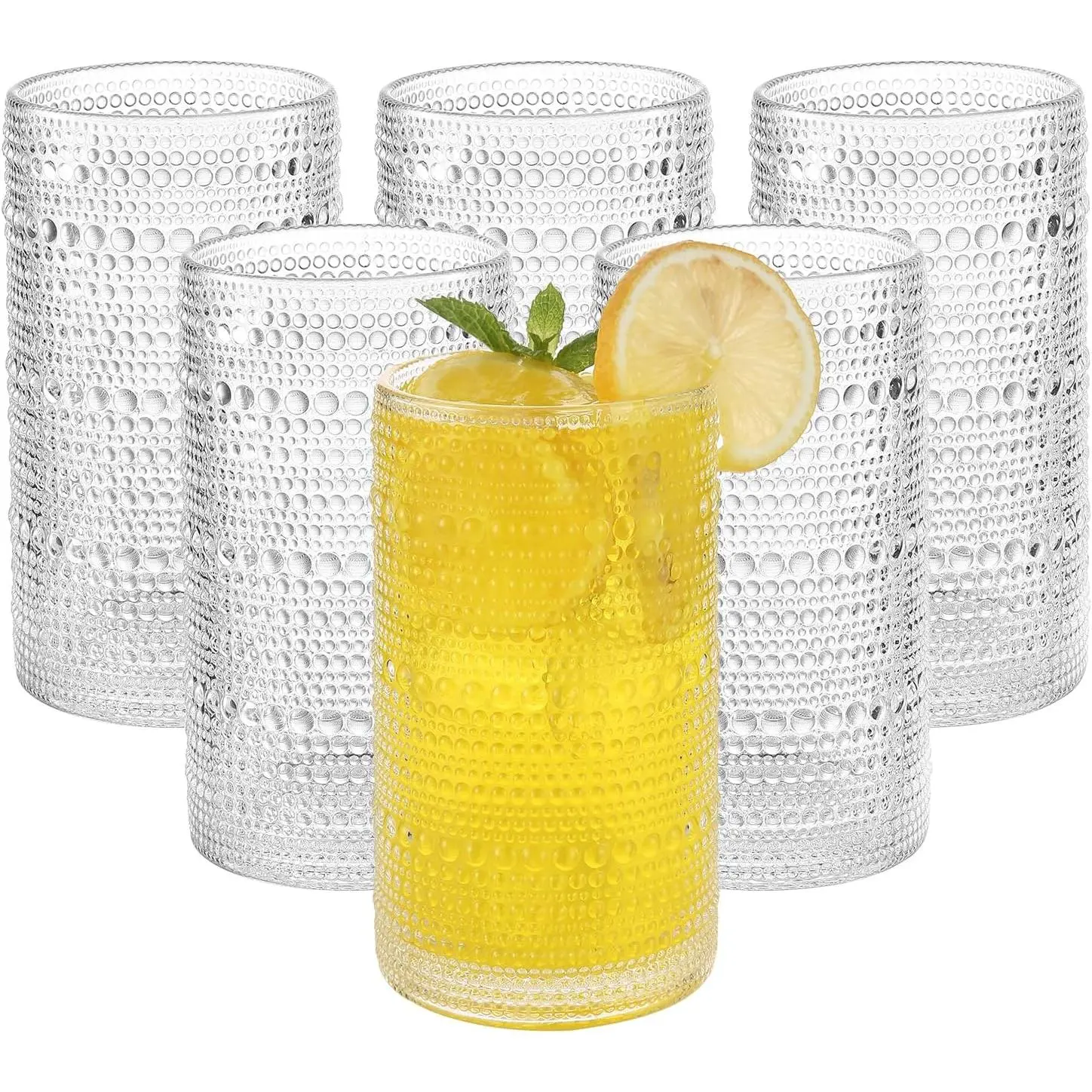 Vintage Hobnail Drinking Glasses Set of 6, 16 oz Large Capacity Embossed Clear Tumblers, Highball Glasses for Water, Cocktail, Beer, Whiskey, Kitchen & Bar Use