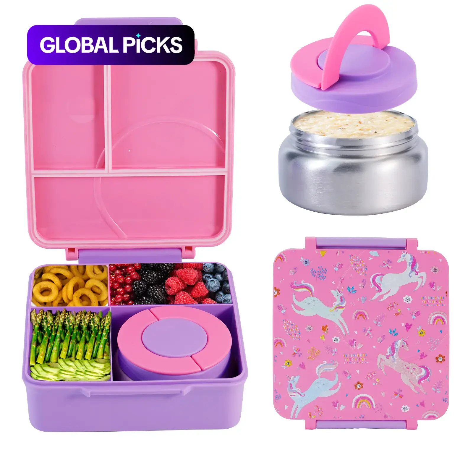 Cartoon Pattern Kids Bento Box with Stainless Steel Soup Container, Microwave Safe, Portable Square Food Storage for Lunches and Travel