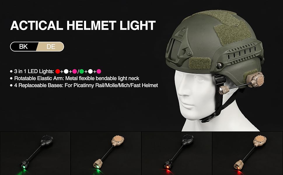 Tactical Helmet Light with White Red IR LED Task Lamp, Military Helmet Accessories Mount for Mich Fast Helmet Molle System Picatinny Rail, Survival Signal Light for Outdoor Hunting