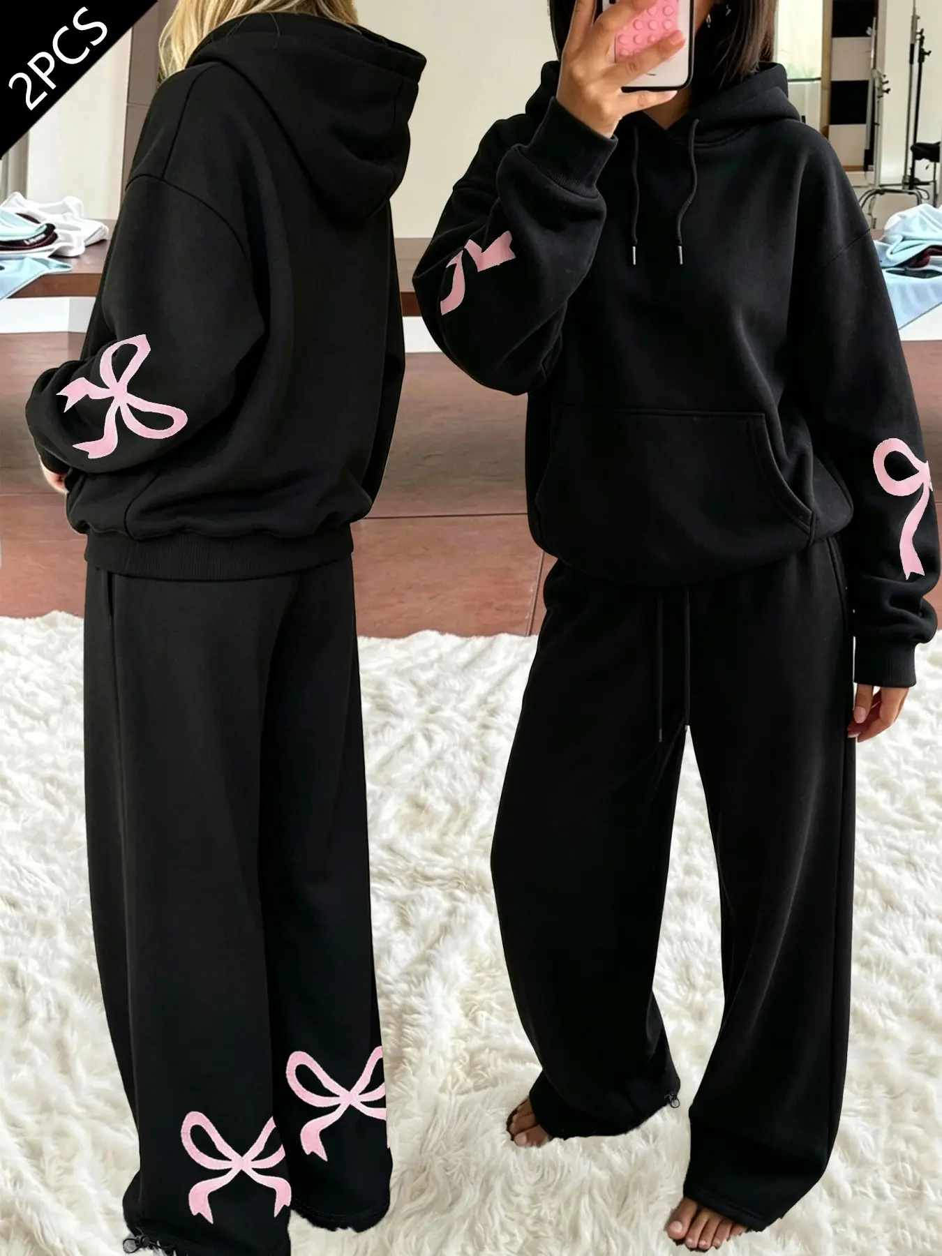 Women's Casual 2‑Piece Sports Set, Loose Soft Fleece‑Lined Hooded Bow Print Sweatshirt & Wide‑Leg Sweatpants, Ideal For Fall Winter Outdoor Daily Wear
