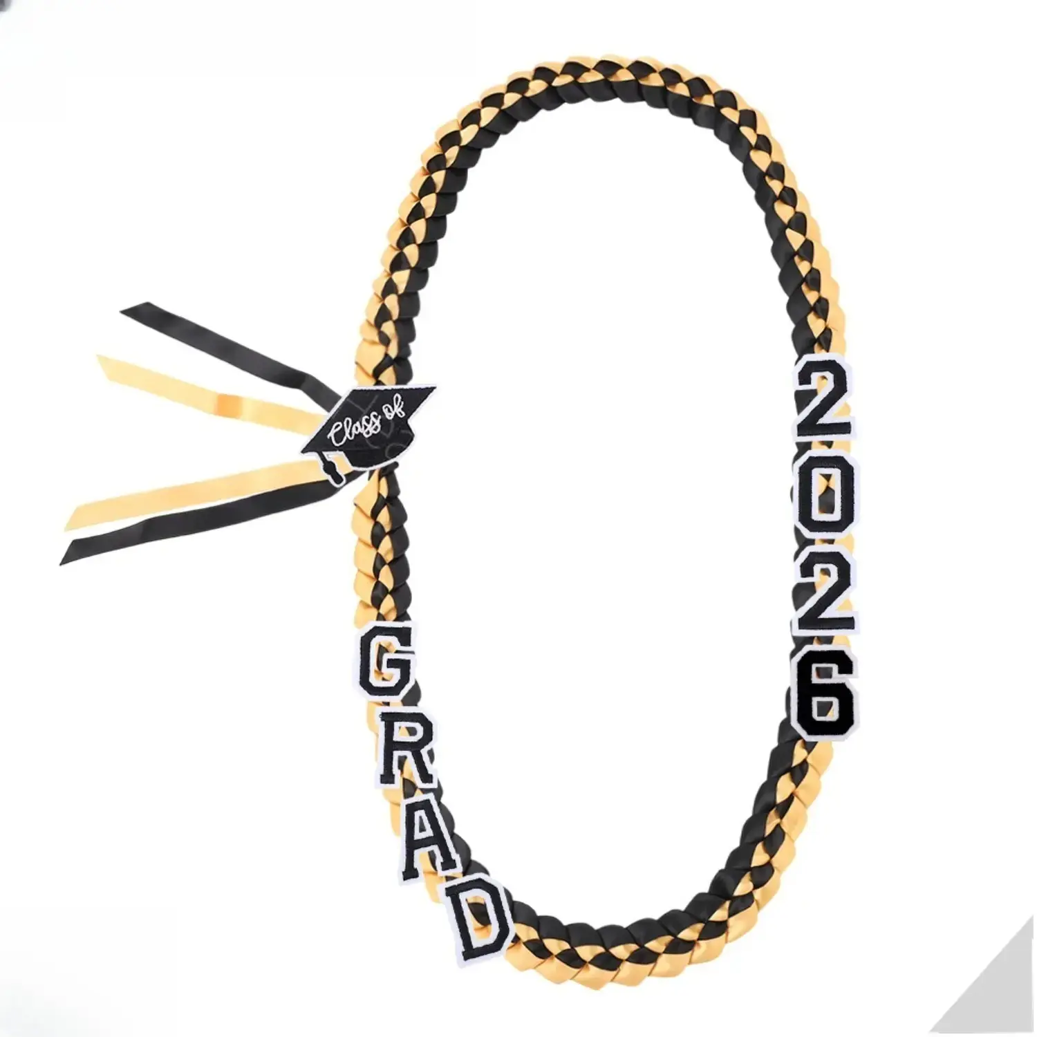Unisex Class of 2026 Ribbon Graduation Lei, Hand‑Woven Blue Braided Accessory with GRAD Letters & Cap Charm, Adjustable Money Holder with Safety Pins for Ceremony