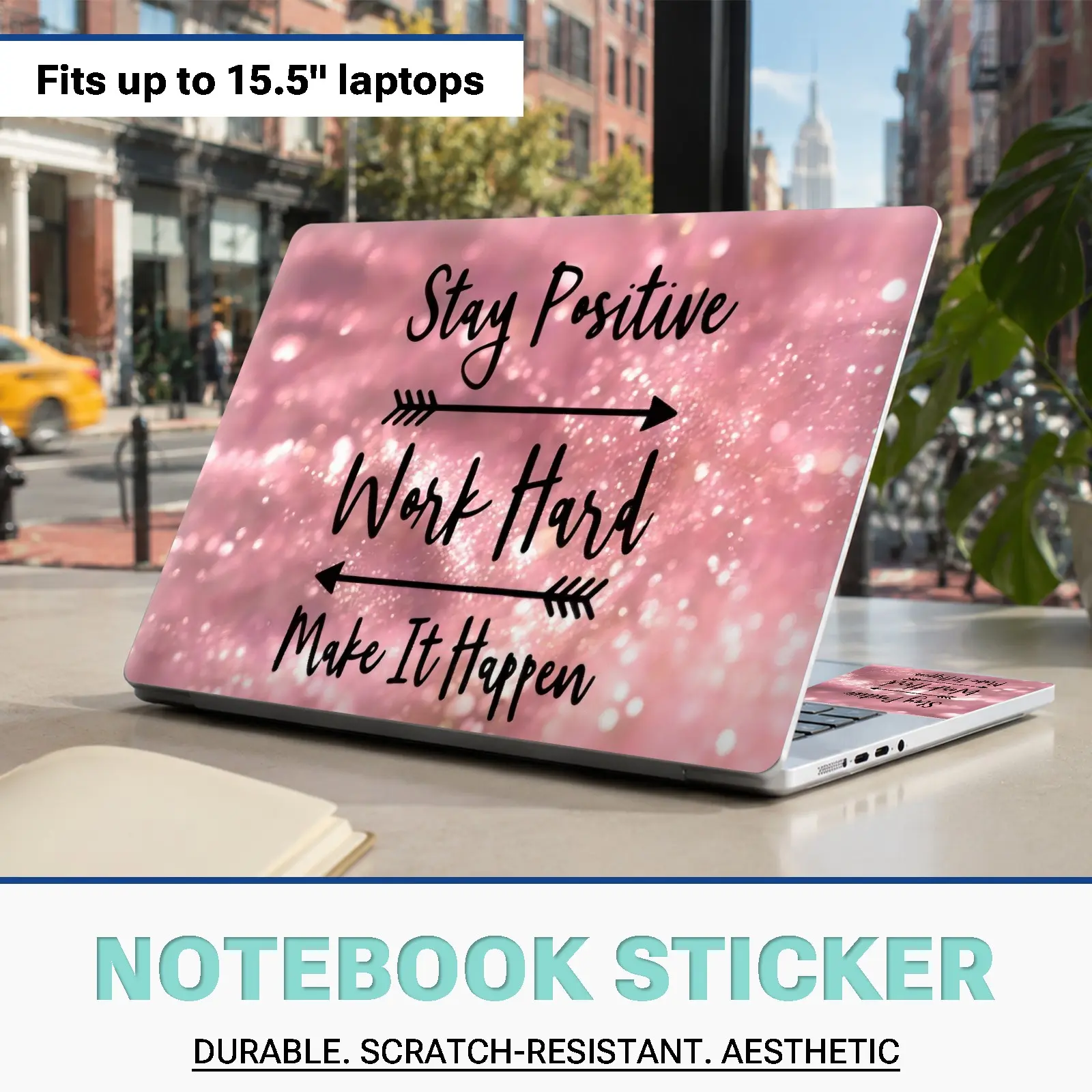 Aesthetic Pink Glitter Motivational Quote Laptop Skin Kit, Laptop Accessories, 3‑Pcs Vinyl Stickers: 1 Screen Back Decal & 2 Touchpad Side Decals, Premium Vinyl Wrap, Anti‑Scratch, Easy Peel Off Without Sticky Residue