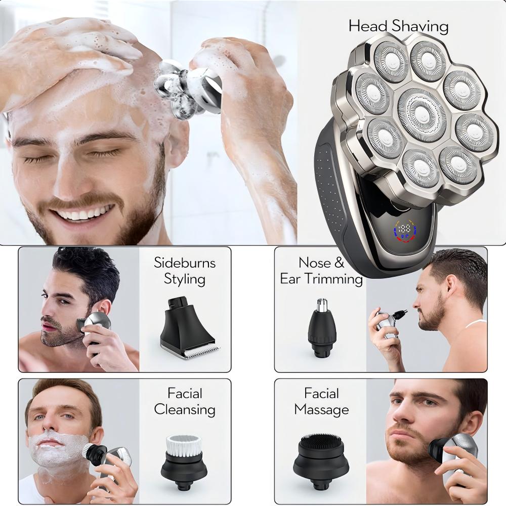 5 in 1 Electric Hair Trimmer Kit, 1 Set Waterproof Wet/Dry Grooming Shavers, Multifunctional Hair Shaver, Cordless Rechargeable Bald Head Rotary Razor for Home & Travel