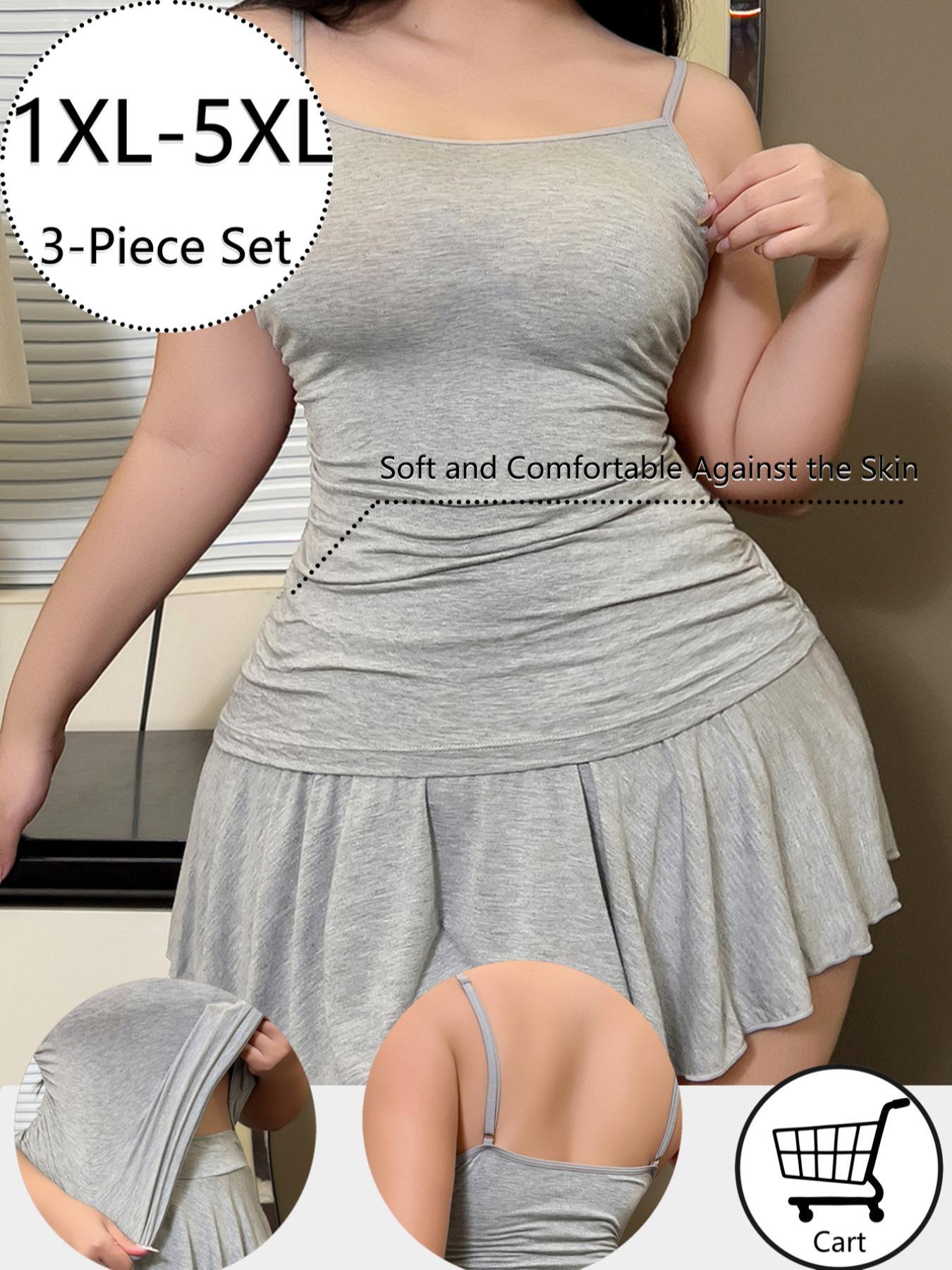 【Plus Size】 Solid Color Cami Top & Short Skirt & Thong Sleepwear Set, Casual Comfy Loungewear Pyjama Set for Women, Women's Sleepwear for All Seasons