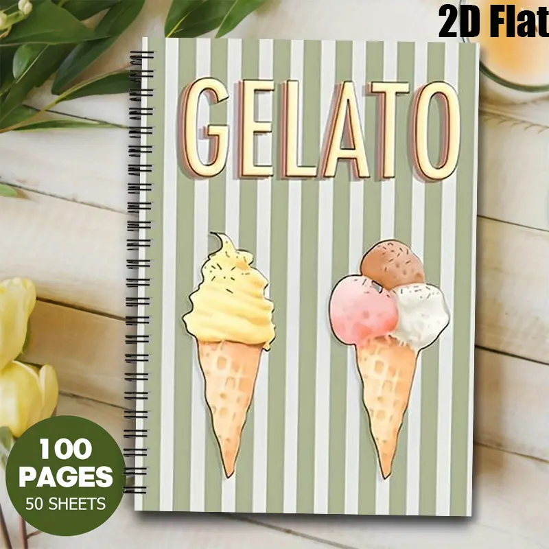 1 Gelato Themed Spiral Coil Notebook, 5.7x8.26 Inch, High-Quality Lined Pages, Durable Binding, Dessert Lovers Journal, Summer Travel Notes, Ice Cream Shop Workbook, Birthday Gift for Foodies, Daily Planner for Sweet Enthusiasts [2D] Flat
