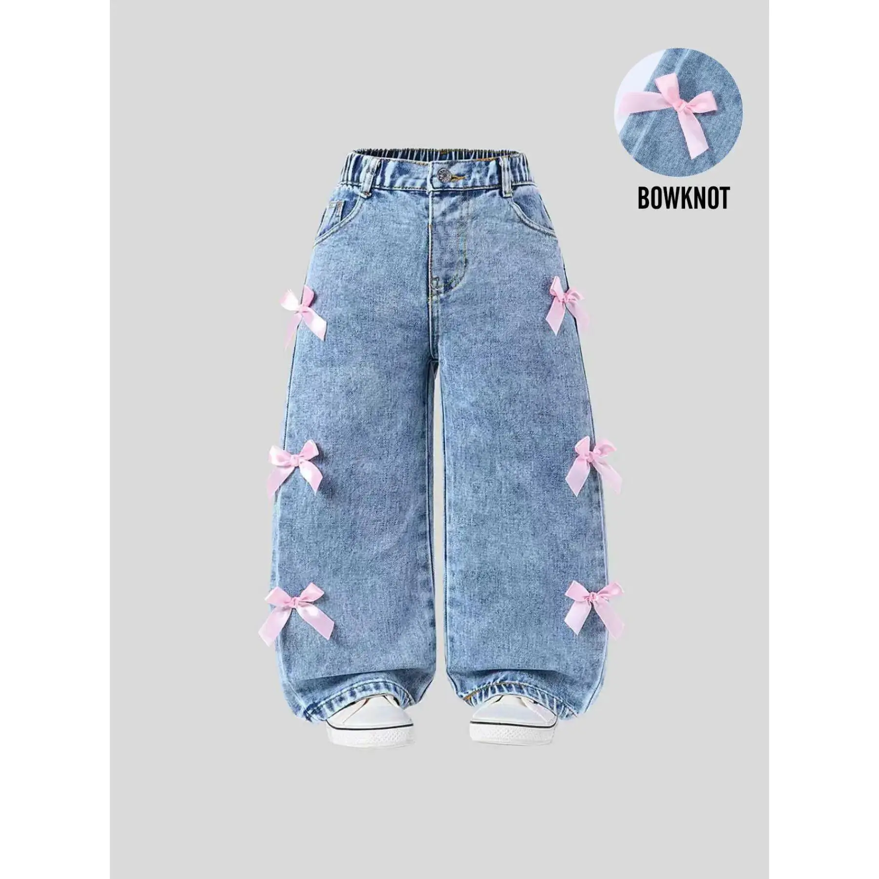 Cute Bowknot Baby Girl Jeans, Light Wide Leg Denim Jeans, Loose Fitting Pants, Elastic Waist Casual Fashion, Perfect Daily Wear