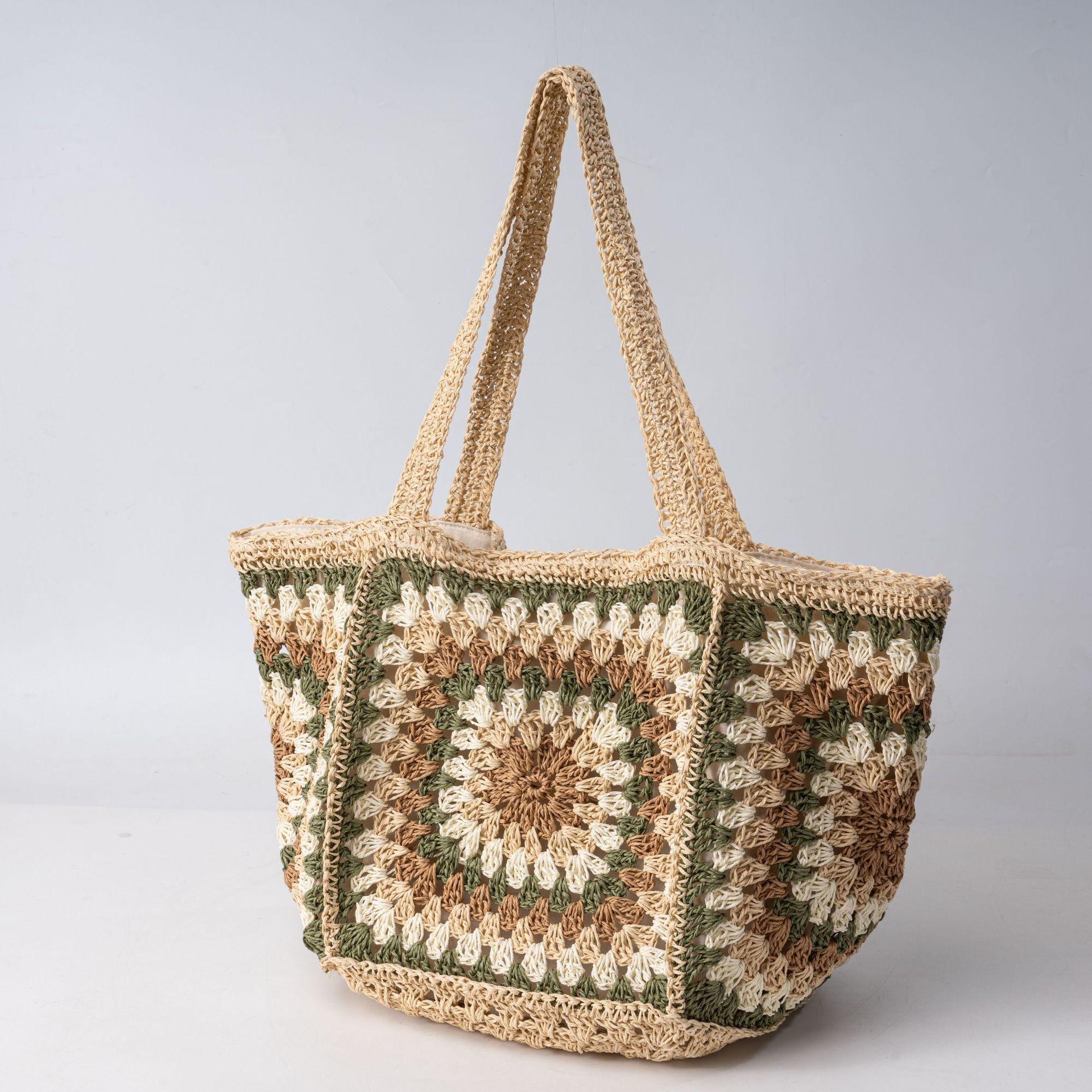 Grandmother Grid High-End Single-Shoulder Straw Bag for Women, Hand-Woven Bag with Large Capacity Canvas Lining, Beach Tote Bag