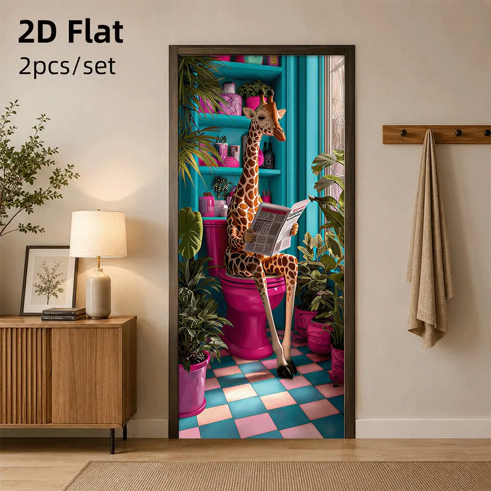 1pc Funny Giraffe Reading on Toilet Door Sticker, Creative Cartoon Animal Bathroom Wall Decor, Waterproof and Removable, 2D Flat