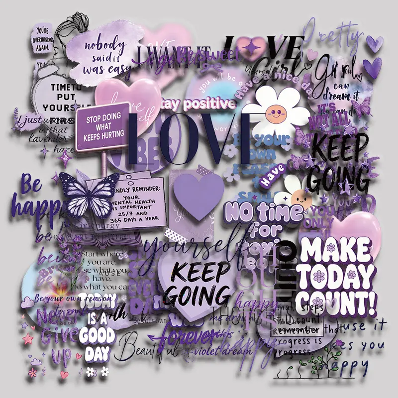 50PCS Purple Positive Motivation Aesthetic Vinyl Stickers Pack for Laptop Water Bottle Phone Case Skateboard Journal Scrapbook DIY Decoration