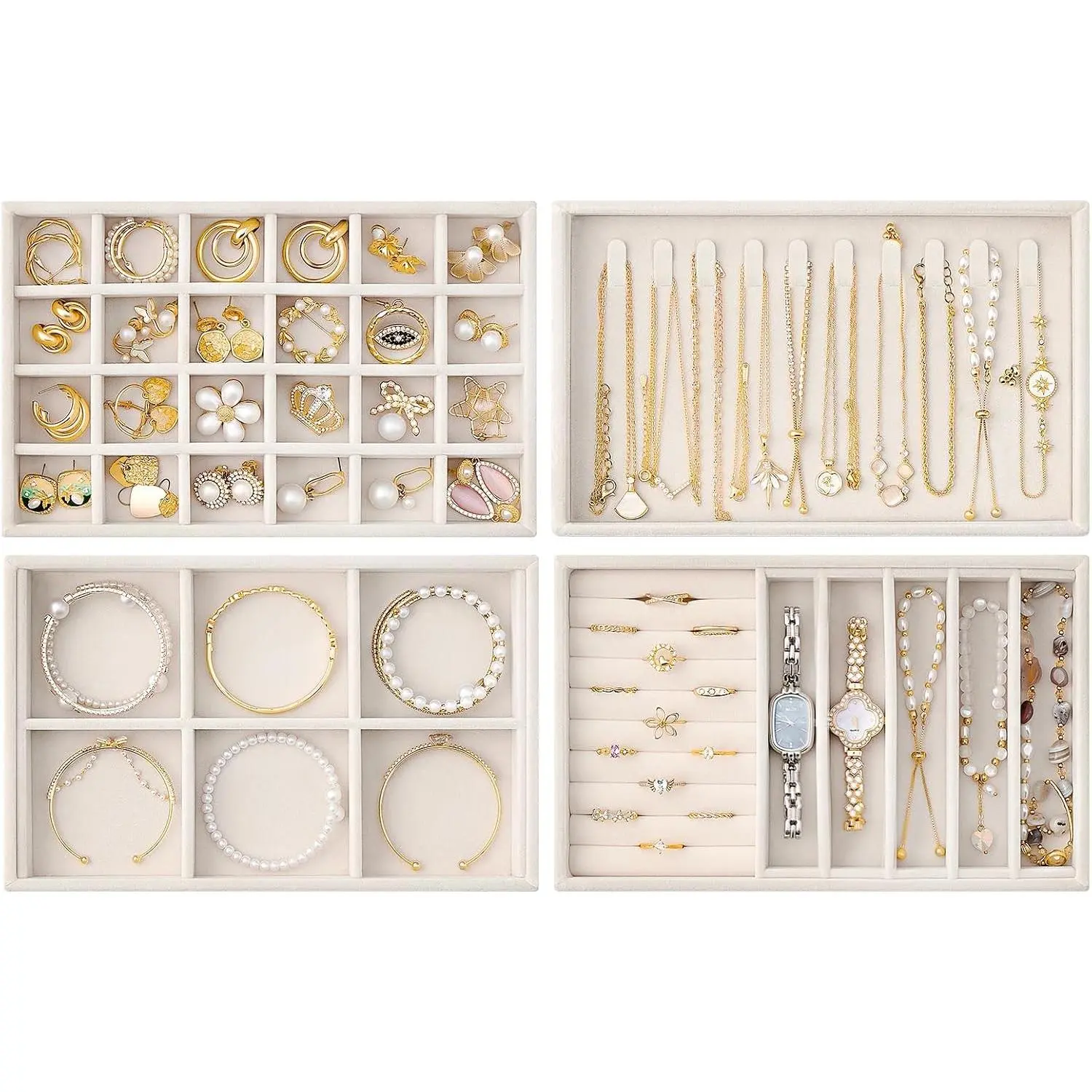 Jewelry Drawer Organizer Inserts, Stackable Velvet Tray Jewelry Storage Organizers Set Display Cases for Necklaces Bracelets Earrings Rings Chains Bangles Watches, Beige, Set of 4