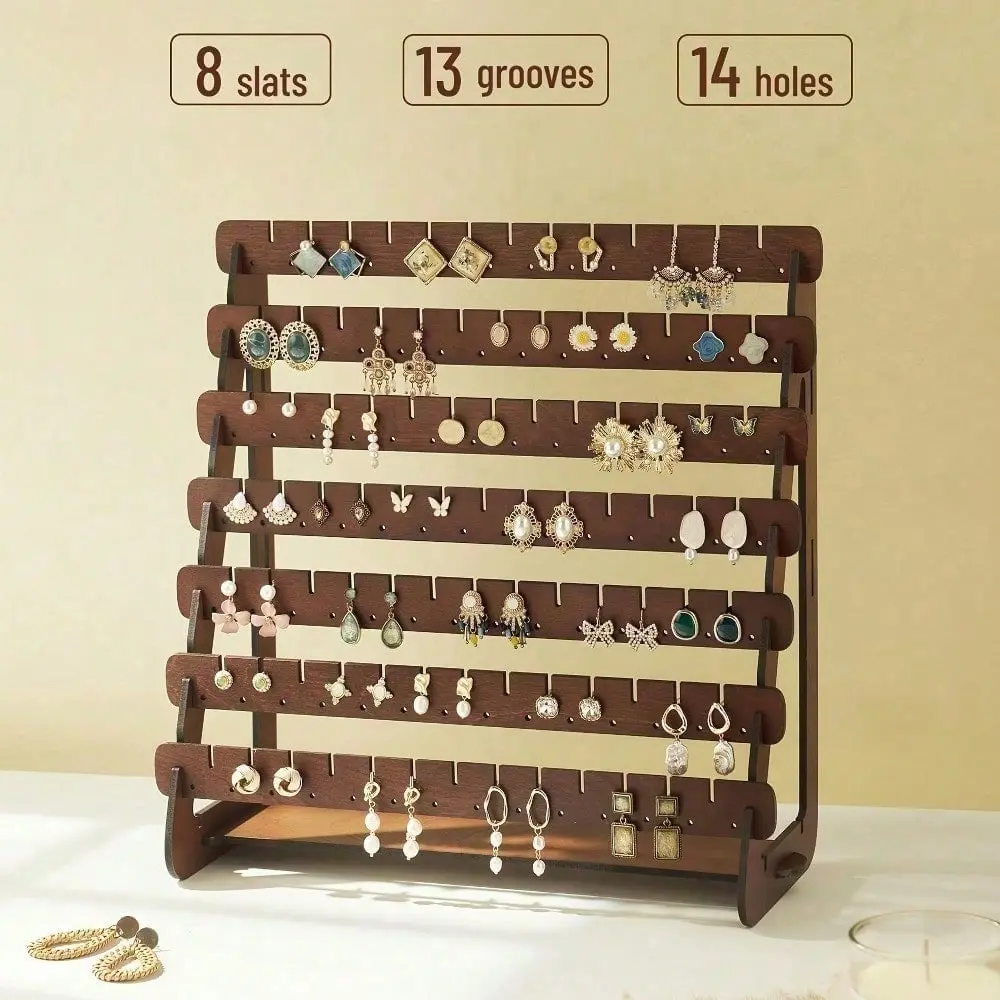 Elegant Vintage Wood Earring Rack With Detachable Tray - Tabletop Display Rack For Stud Earrings, Hanging Earrings, Jewelry Pagoda, Exquisite Wood Jewelry Storage Rack. Handmade Art Necklace Jewelry Earrings Bracelet, Jewelry Towers
