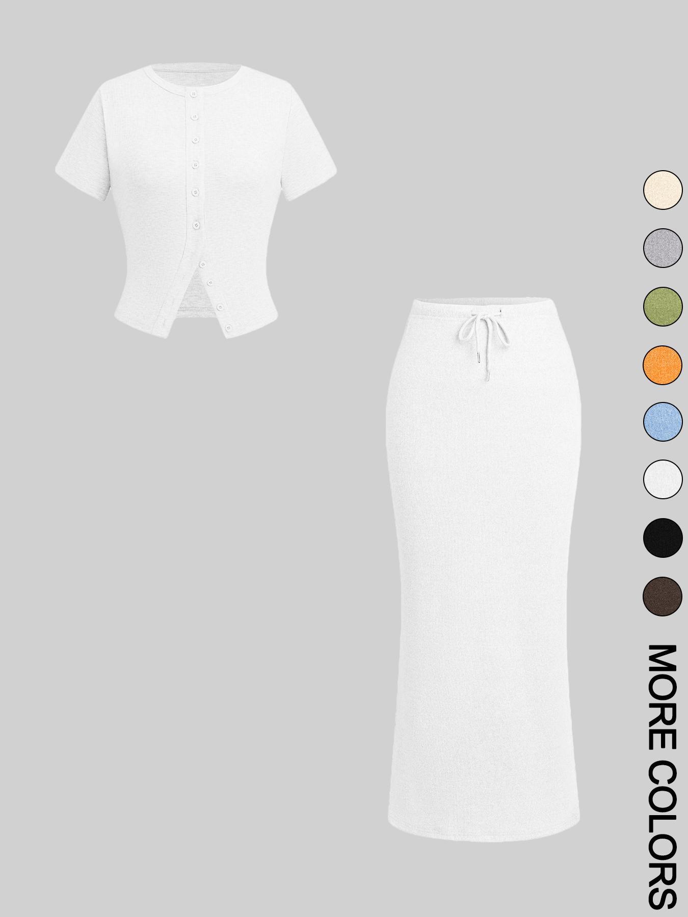 Women's Solid Basic Button Front Tee & Drawstring Split Hem Skirt Two-piece Set, Casual Short Sleeve Round Neck Top & Skirt for Daily Wear, Ladies Two-piece Outfits for All Seasons, Matching Clothing Set Women