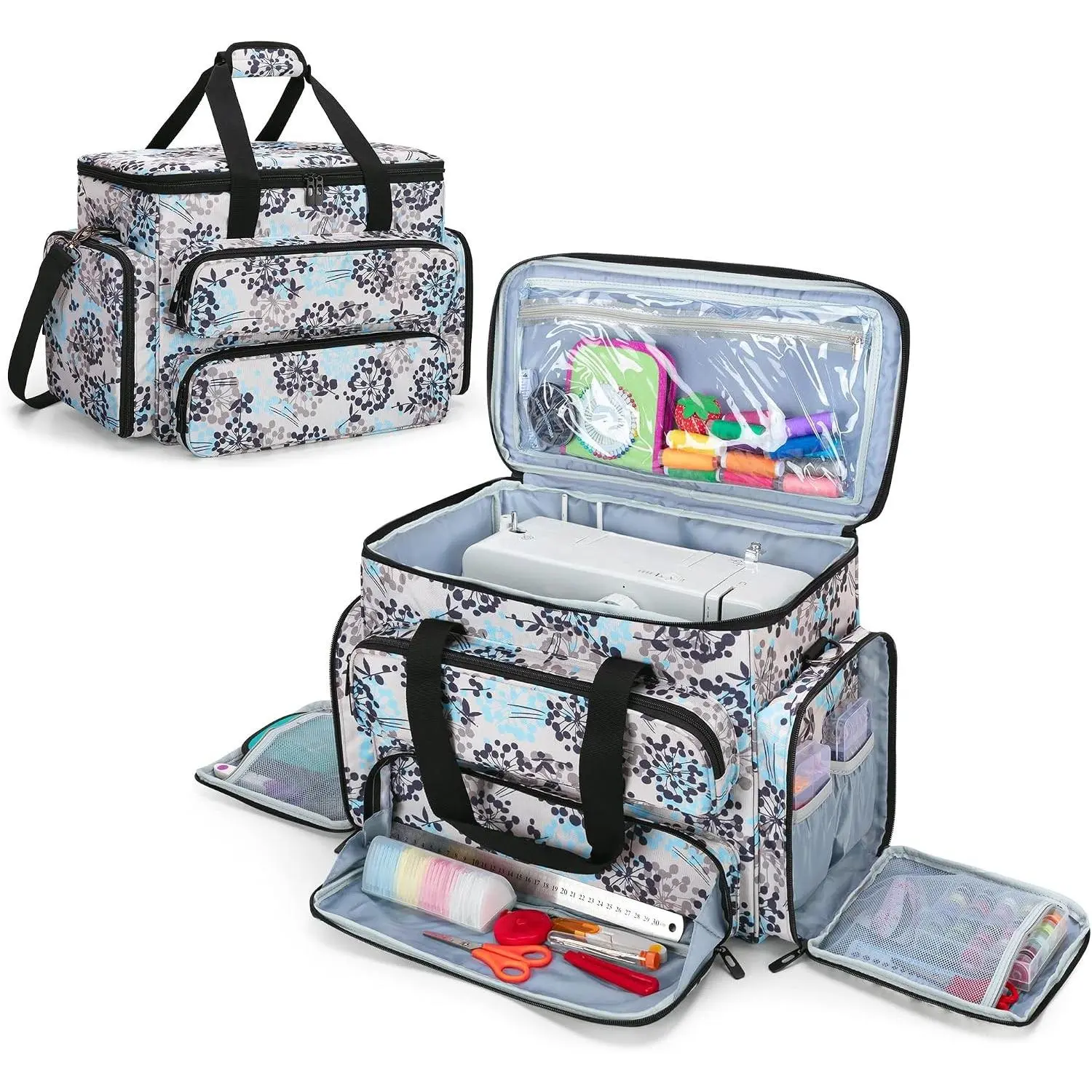 Sewing Machine Carrying Case for Most Standard Sewing Machine, Portable Travel Tote Bag with Compartments and Pockets for Sewing Supplies, Dandelion (Bag Only, Patent Design)