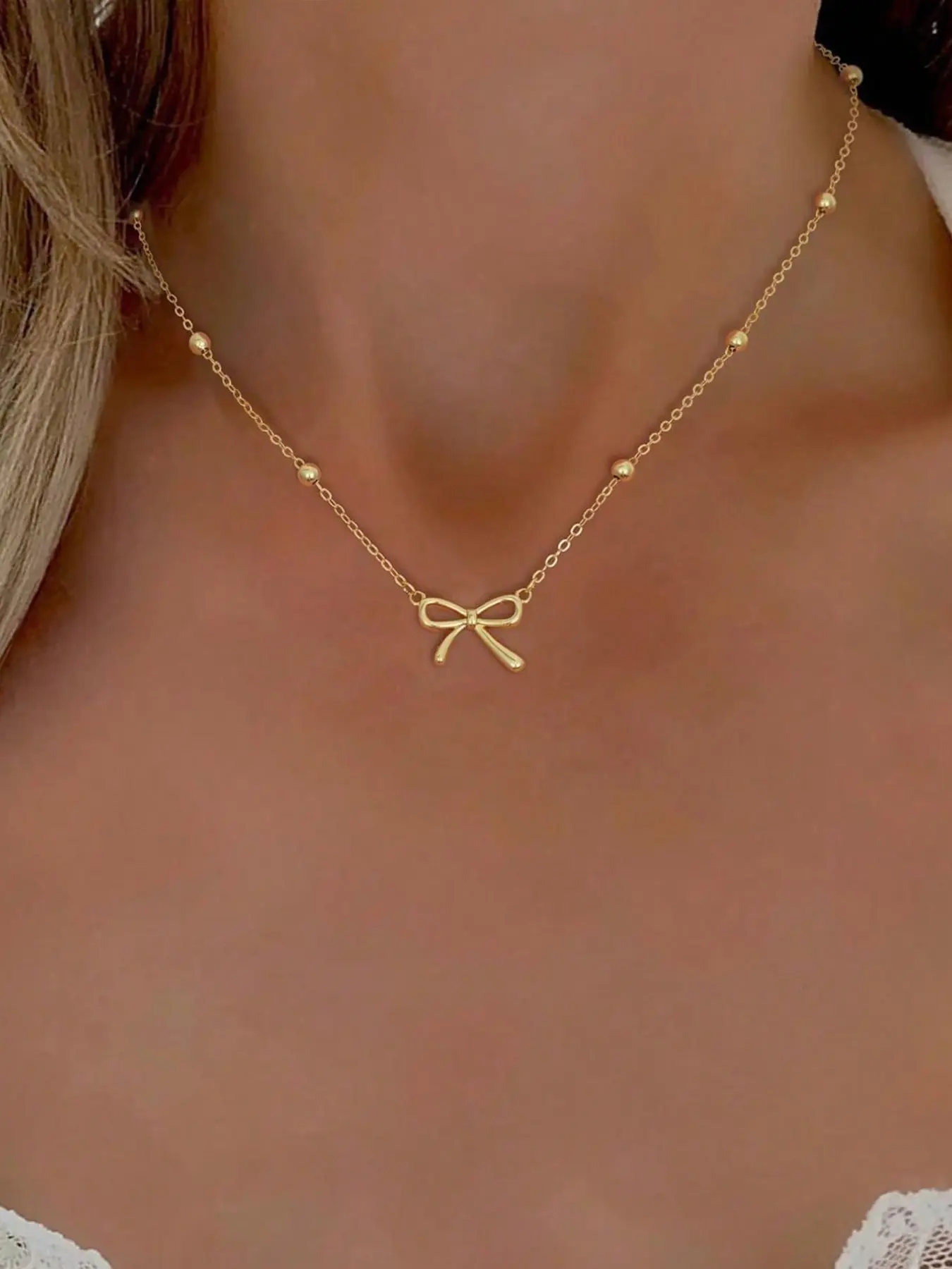 AEONBLULI Dainty Gold Ribbon Bow Pendant Necklace for Women, Beaded Satellite Chain Balletcore Collarbone Necklace, Birthday Christmas Jewelry Gift