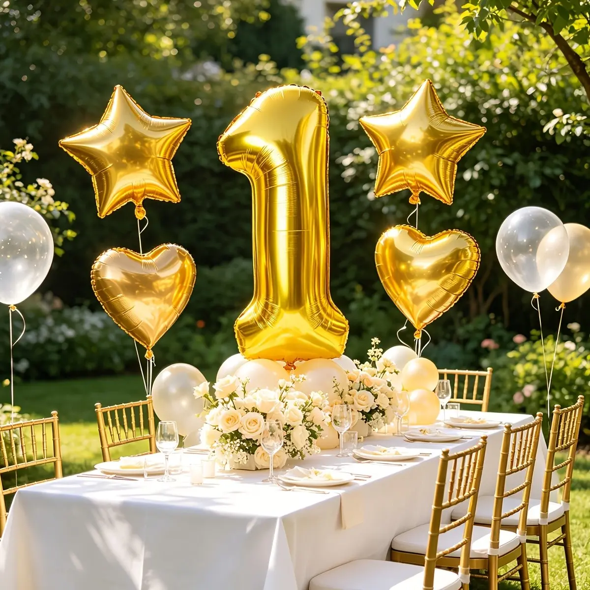 32inch Gold number balloon 1 digital balloon 1 with 18inch gold star balloons and gold heart balloons total 5pcs Helium Balloons for Wedding Happy Birthday 1st party decorations anniversary 1 year party supplies